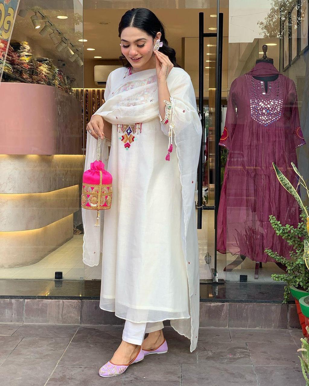 Elegant Mirror Work Chanderi Suit