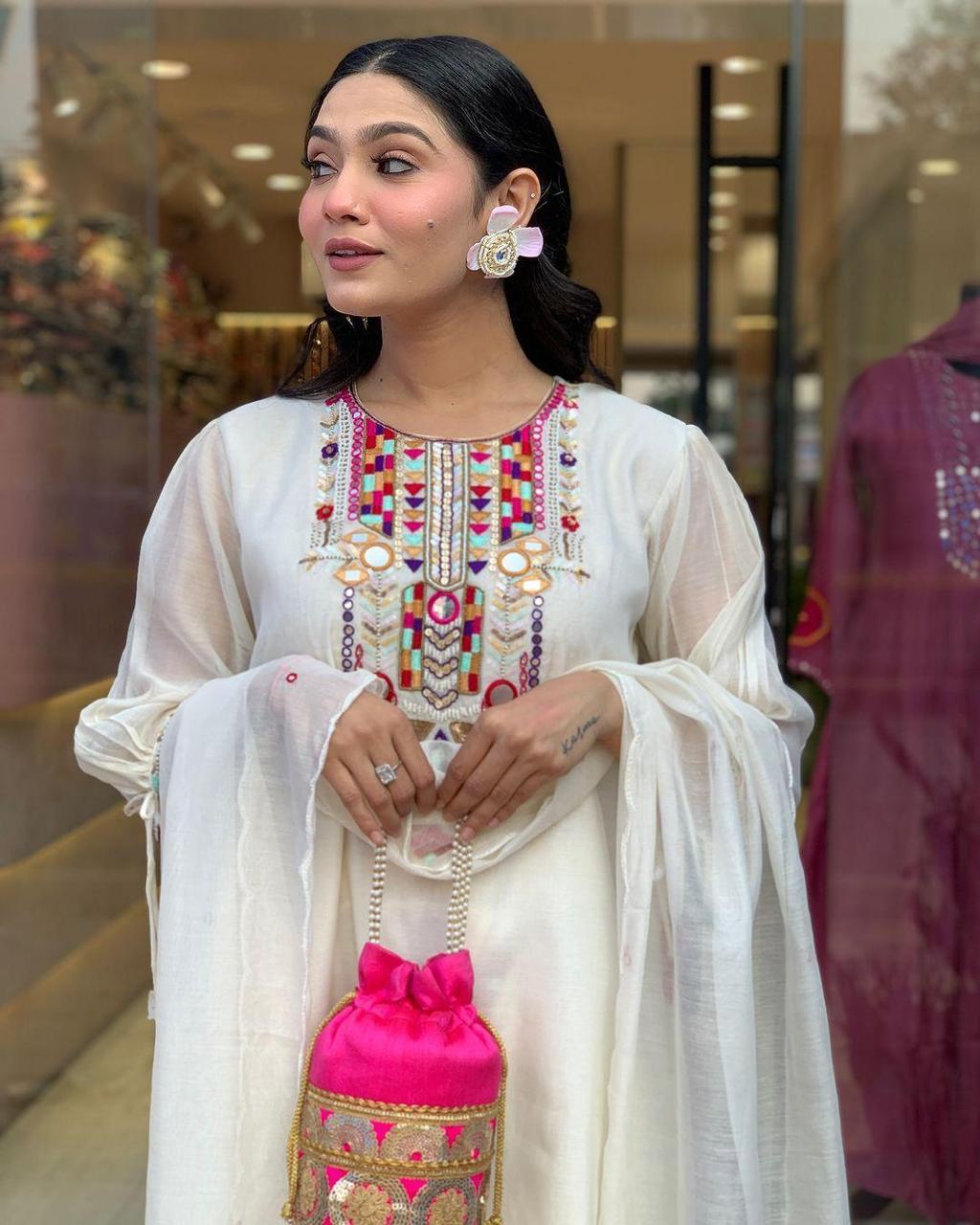 Elegant Mirror Work Chanderi Suit