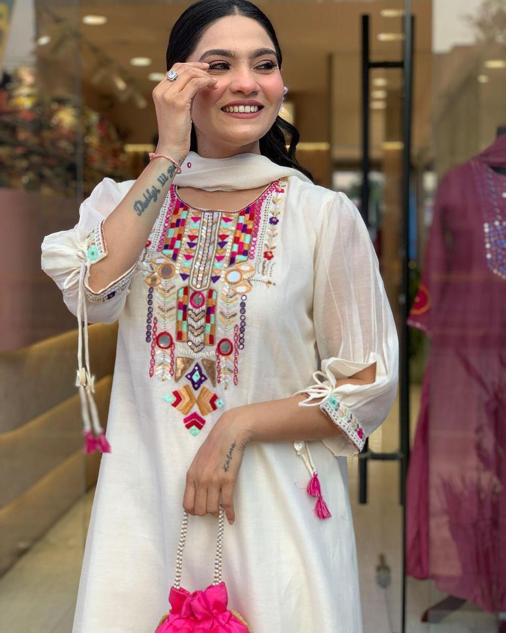 Elegant Mirror Work Chanderi Suit