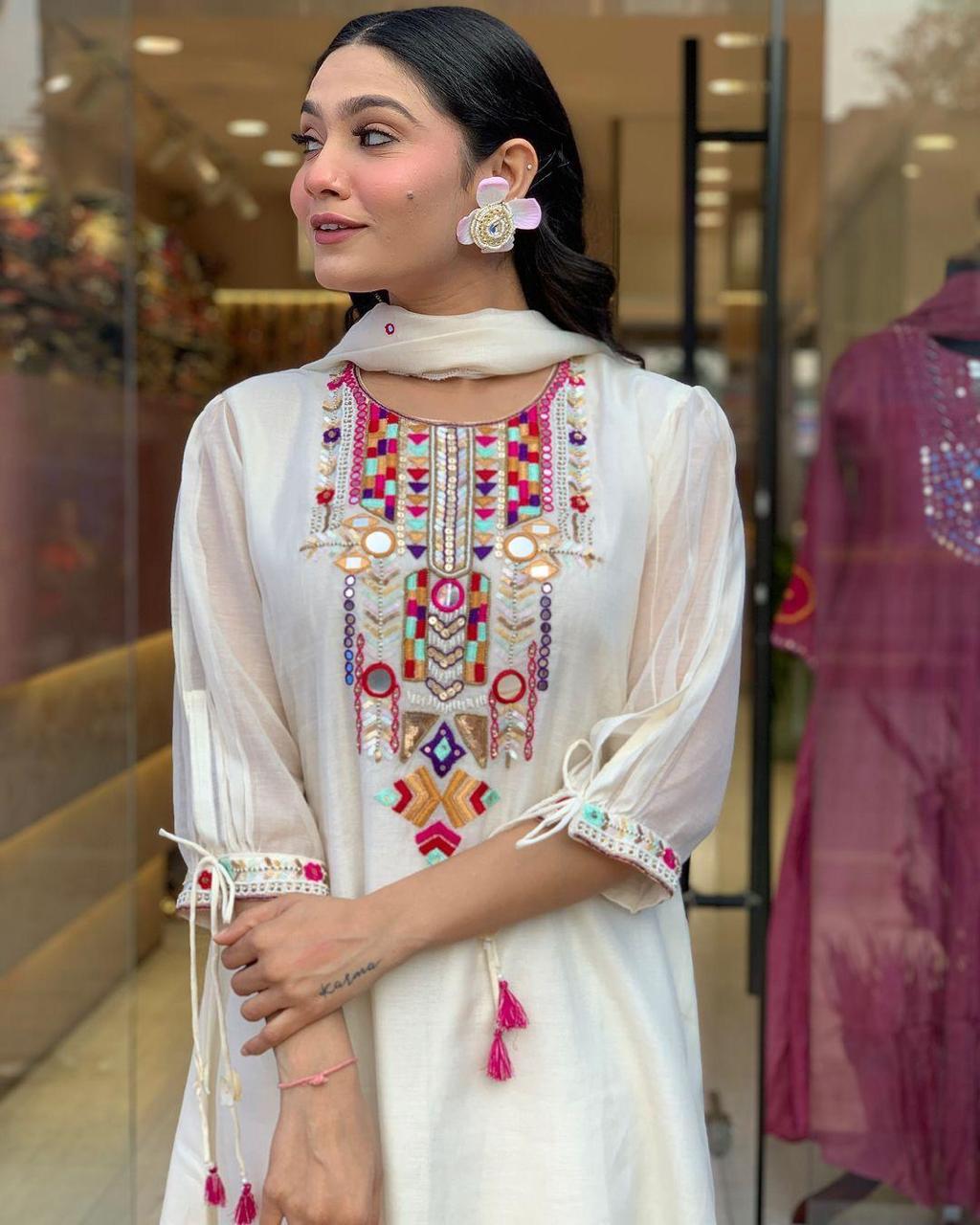Elegant Mirror Work Chanderi Suit