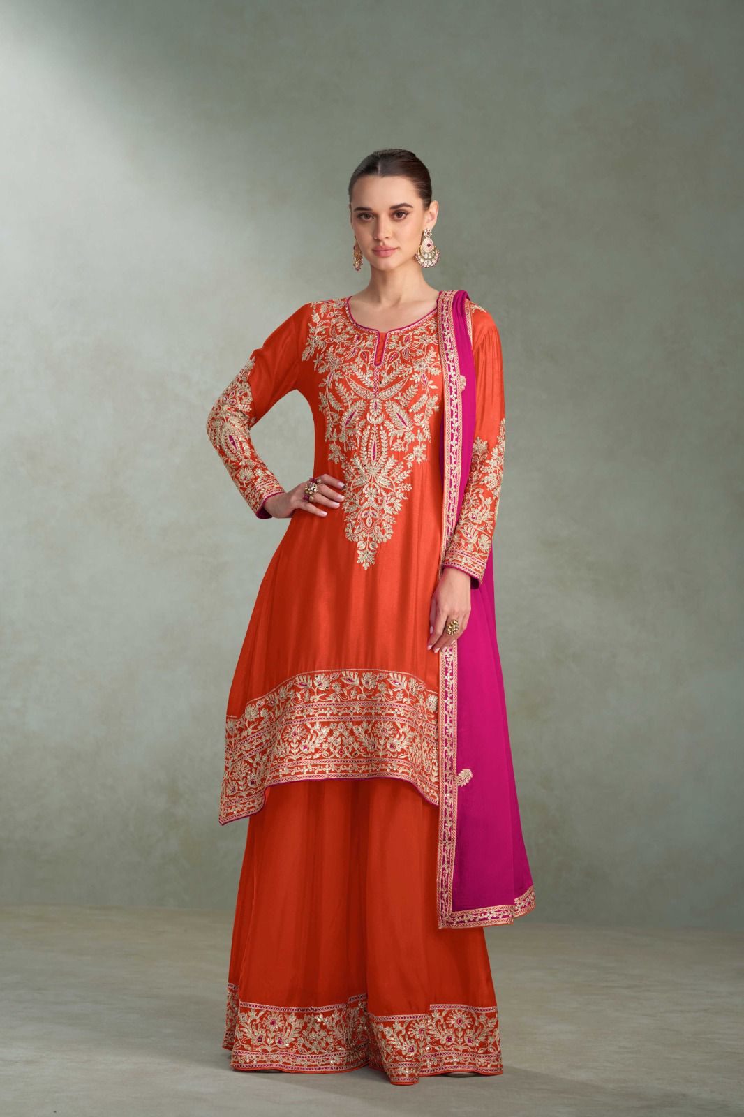 Embroidered Chinon Palazzo Suit Set
