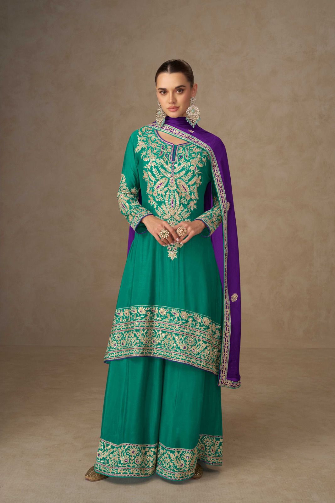 Embroidered Chinon Palazzo Suit Set