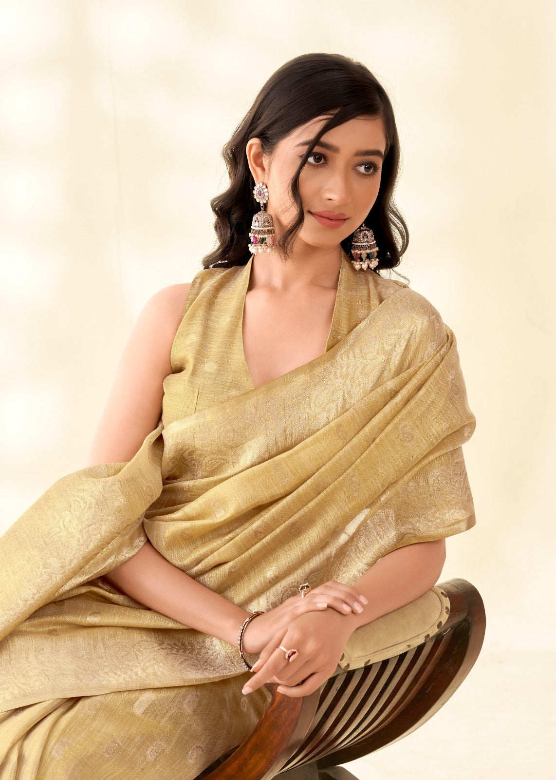 Gold Tissue Linen banarasi Saree with Ambi Butti Pattern