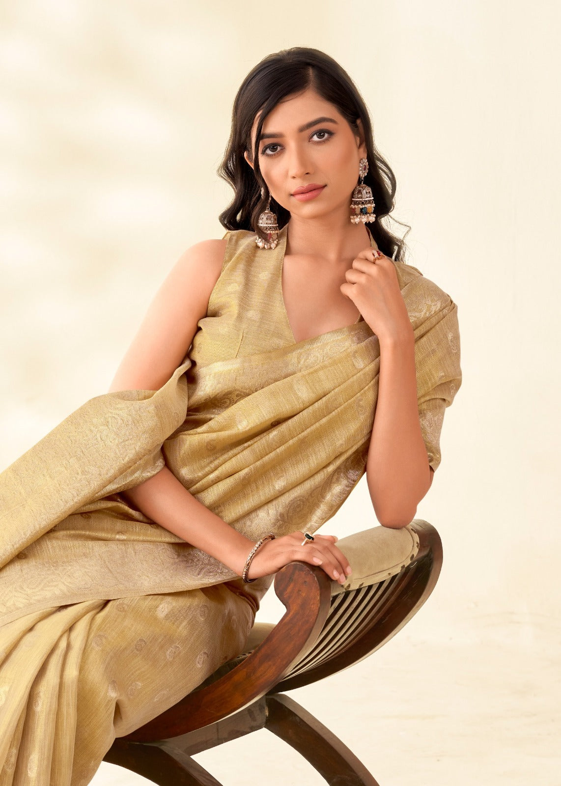 Gold Tissue Linen banarasi Saree with Ambi Butti Pattern