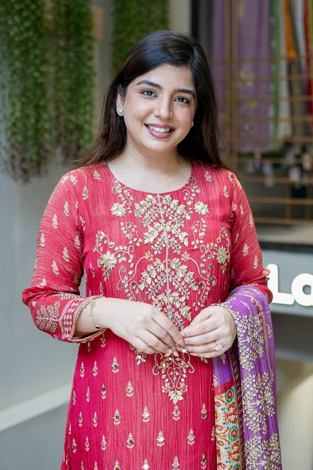 Handcrafted Berry Pink Kurti Set with Gota & Mirror Work