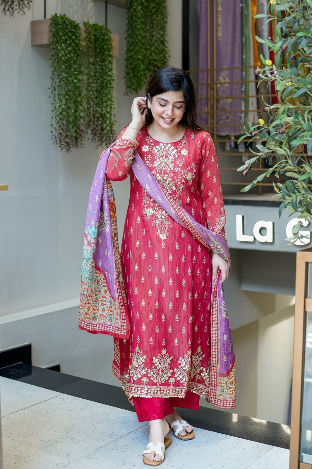 Handcrafted Berry Pink Kurti Set with Gota & Mirror Work
