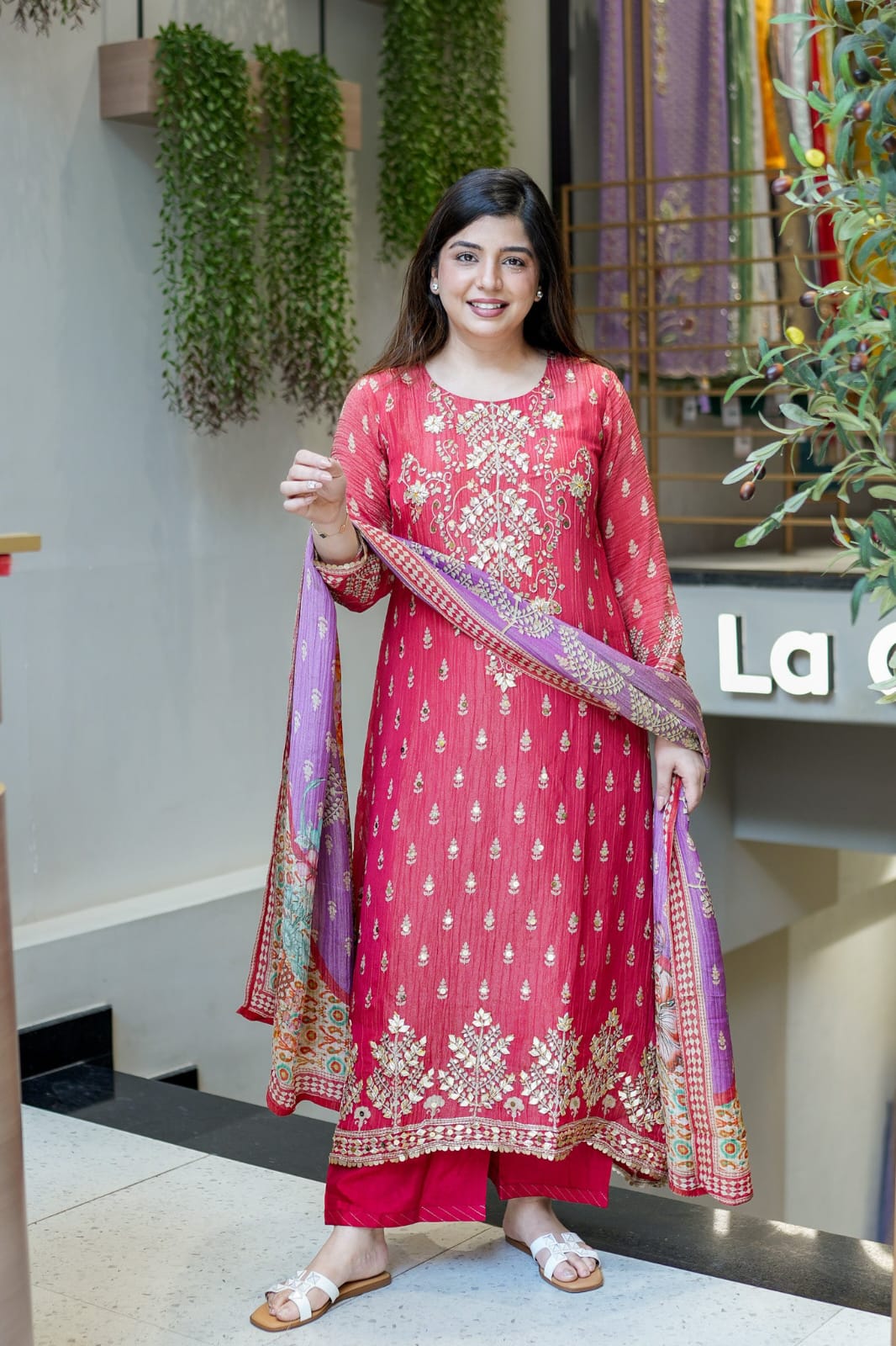 Handcrafted Berry Pink Kurti Set with Gota & Mirror Work