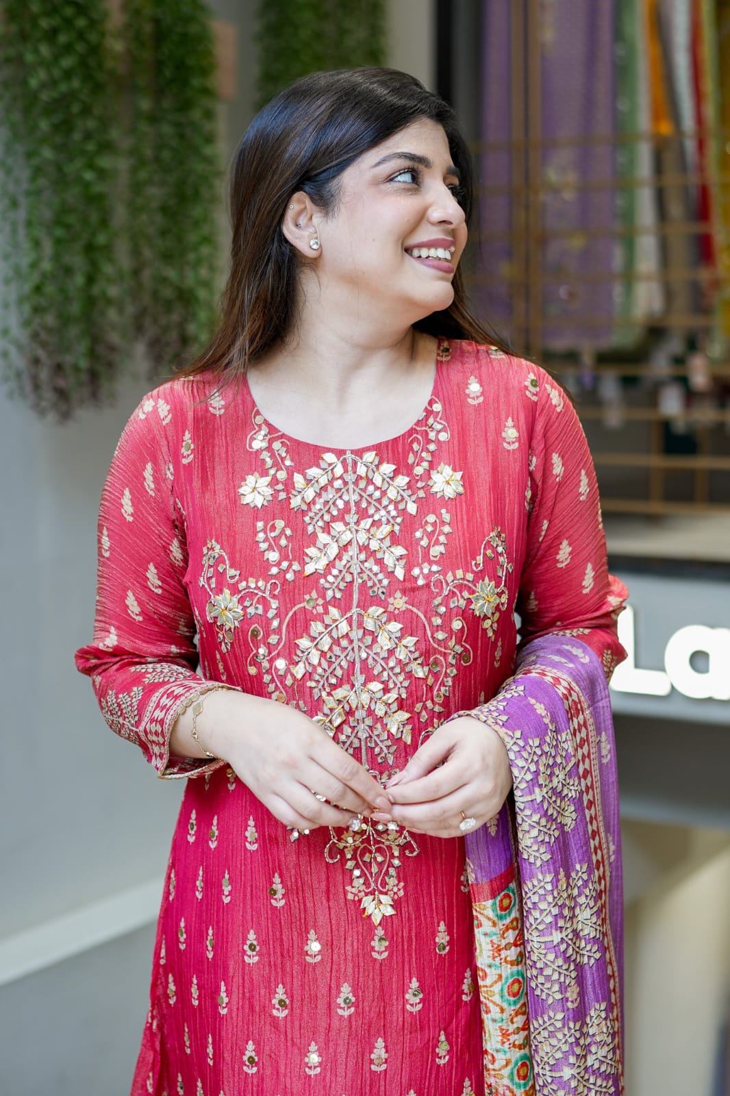 Handcrafted Berry Pink Kurti Set with Gota & Mirror Work