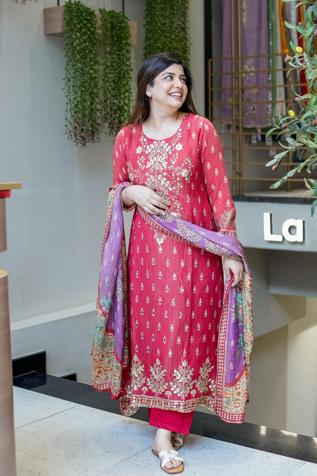 Handcrafted Berry Pink Kurti Set with Gota & Mirror Work