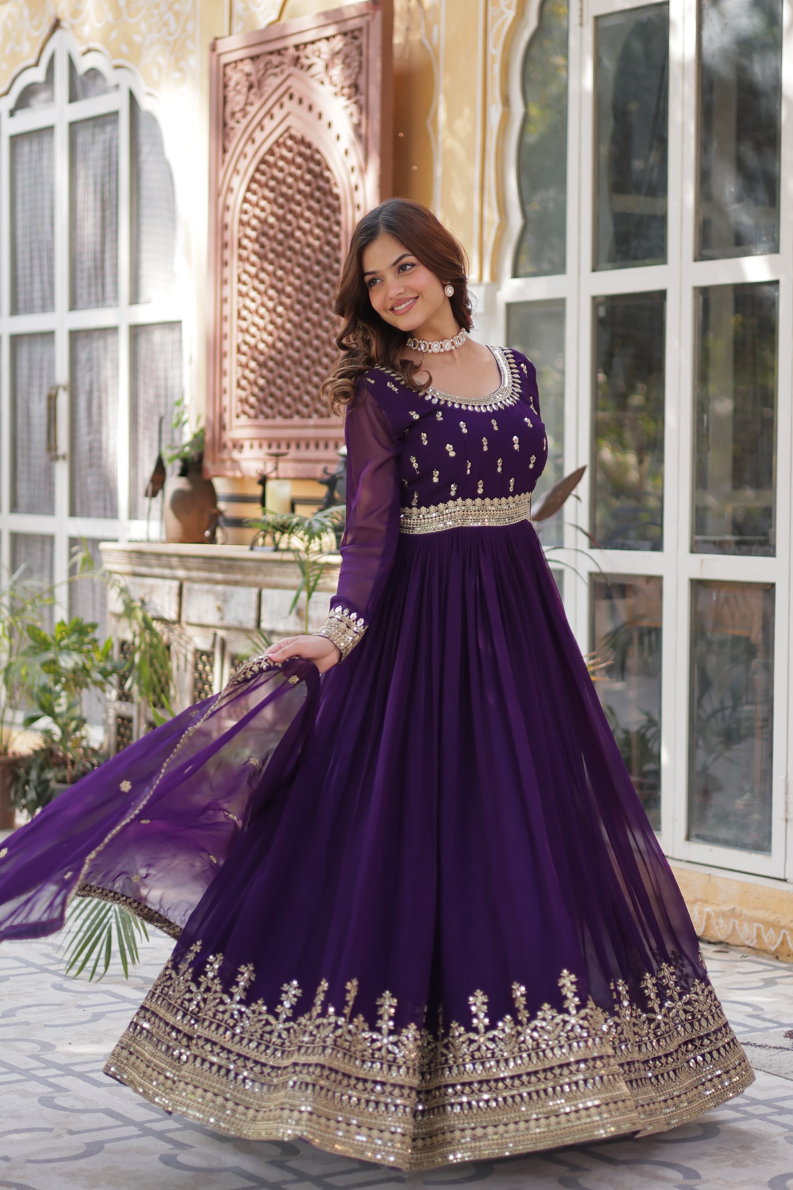 Georgette Ladies Embroidered Long Gown