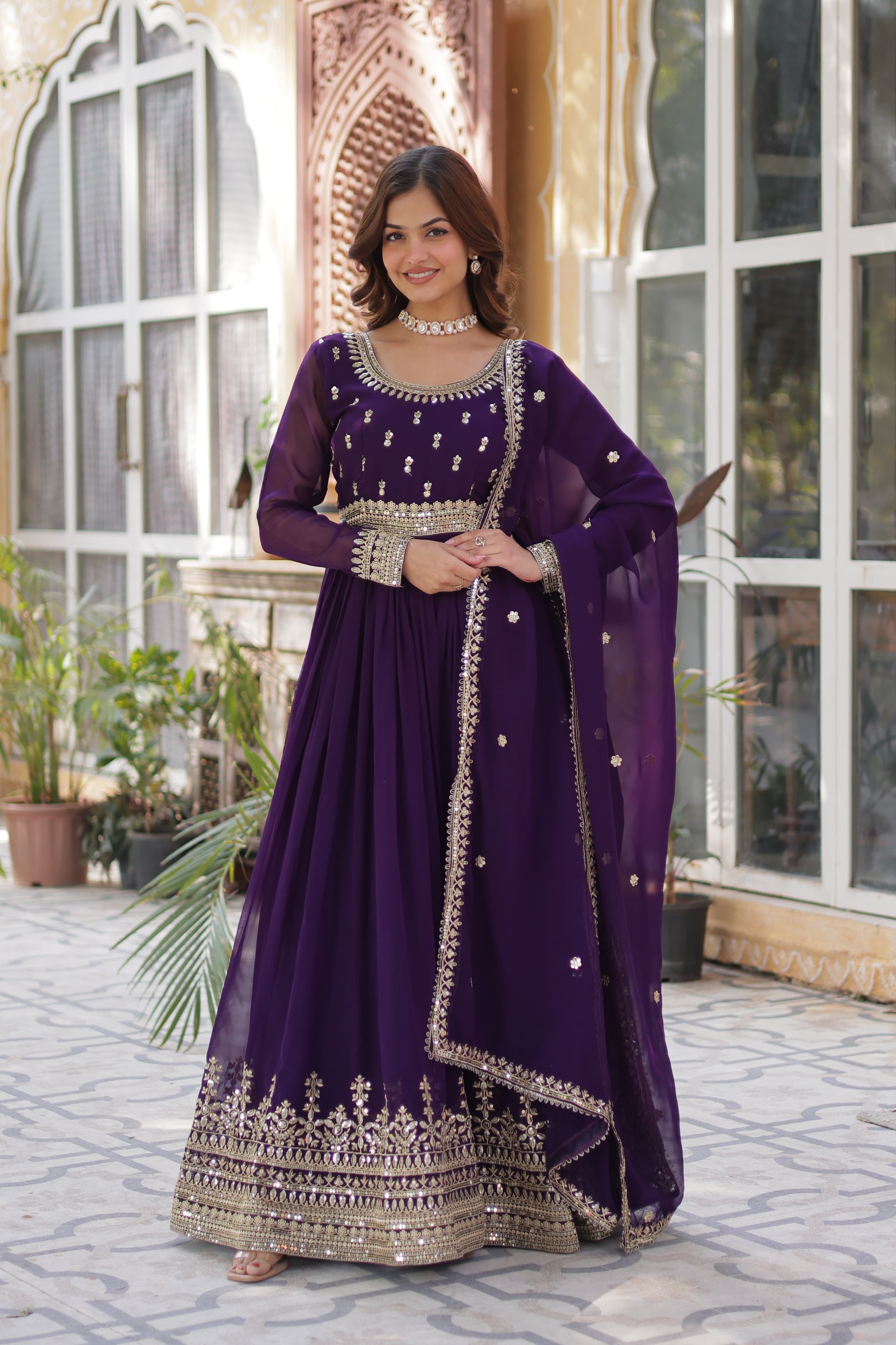Georgette Ladies Embroidered Long Gown