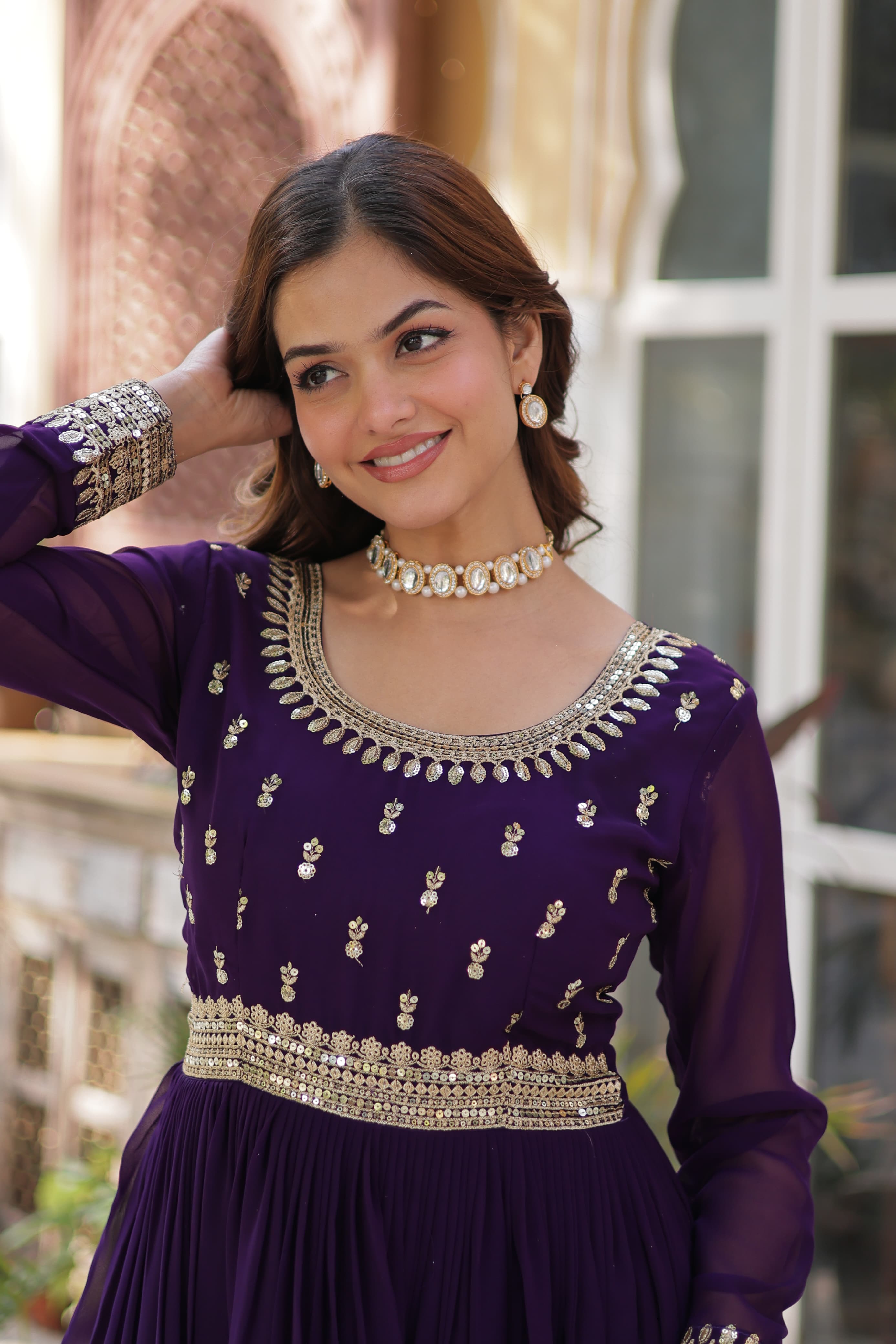 Georgette Ladies Embroidered Long Gown