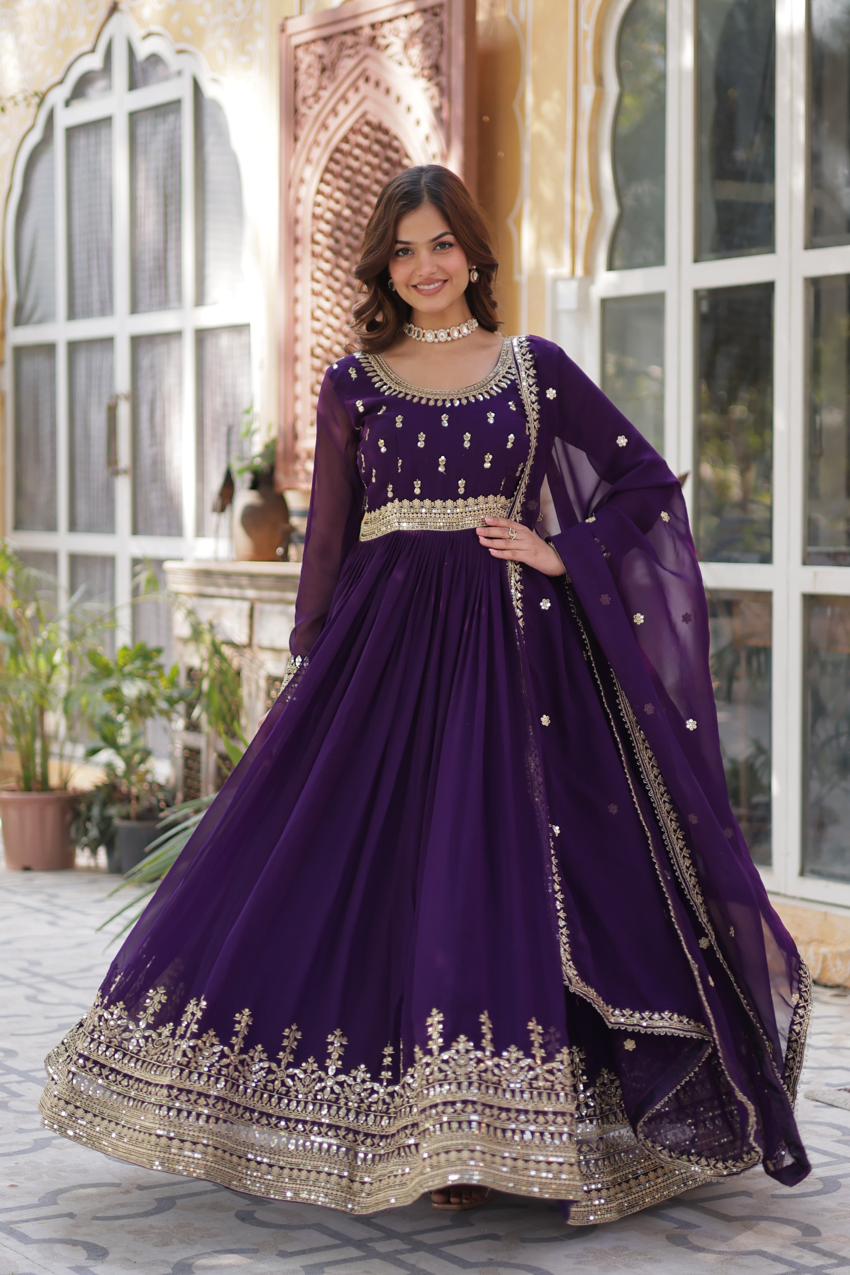 Georgette Ladies Embroidered Long Gown