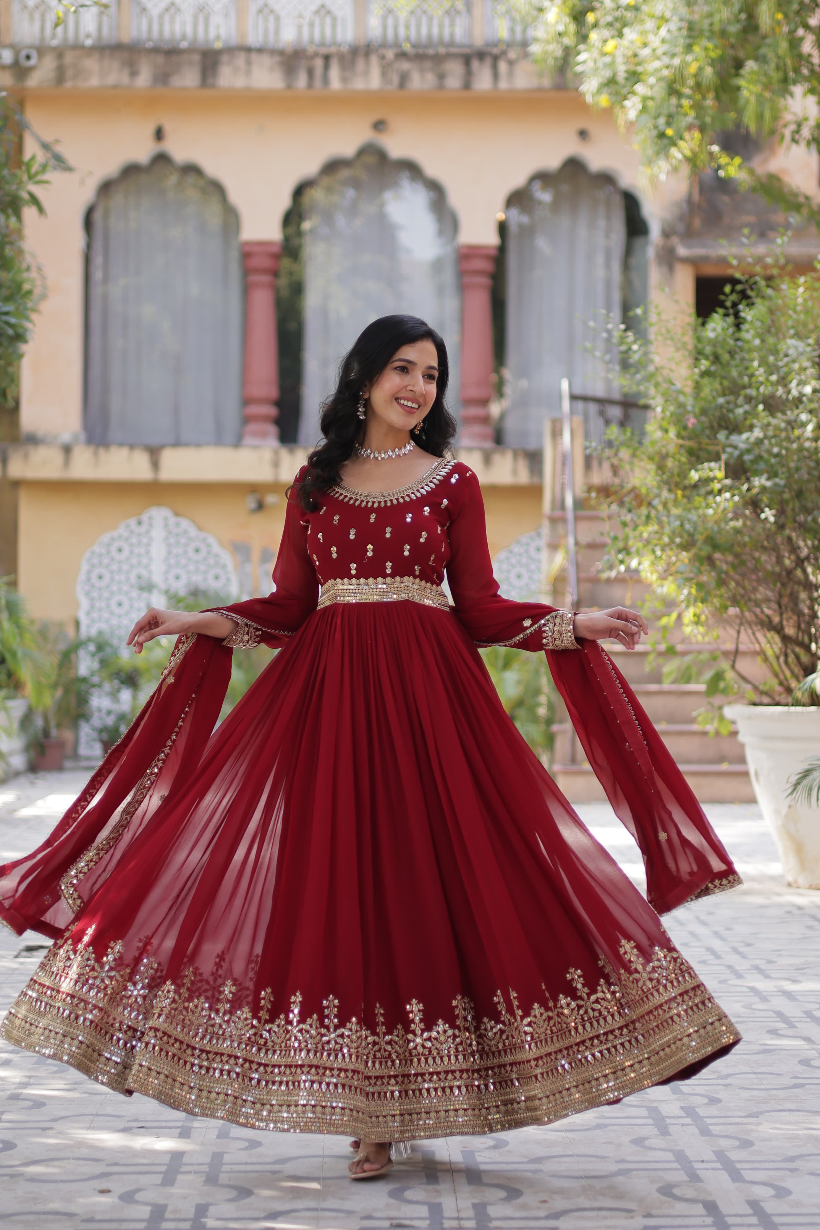 Georgette Ladies Embroidered Long Gown