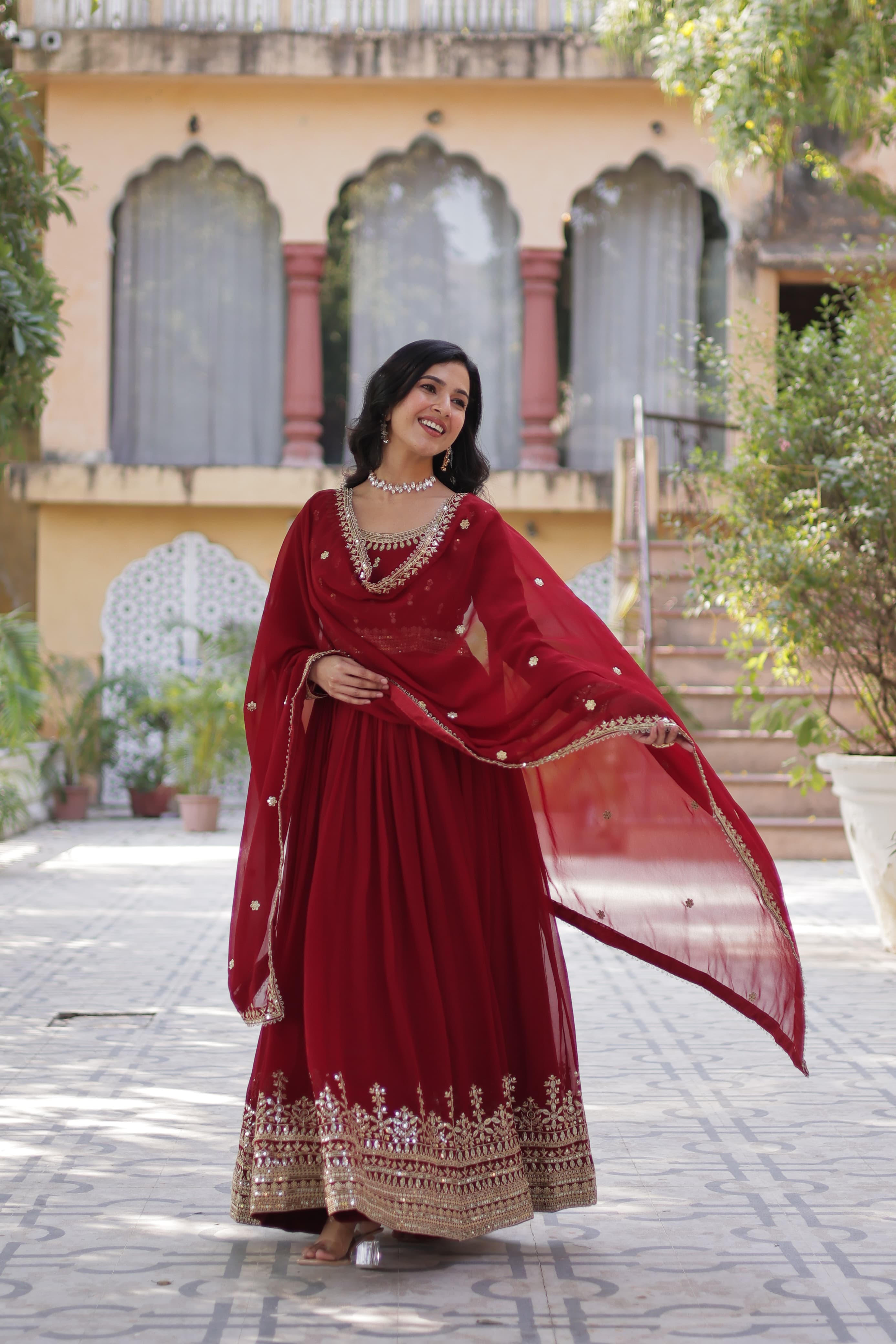 Georgette Ladies Embroidered Long Gown