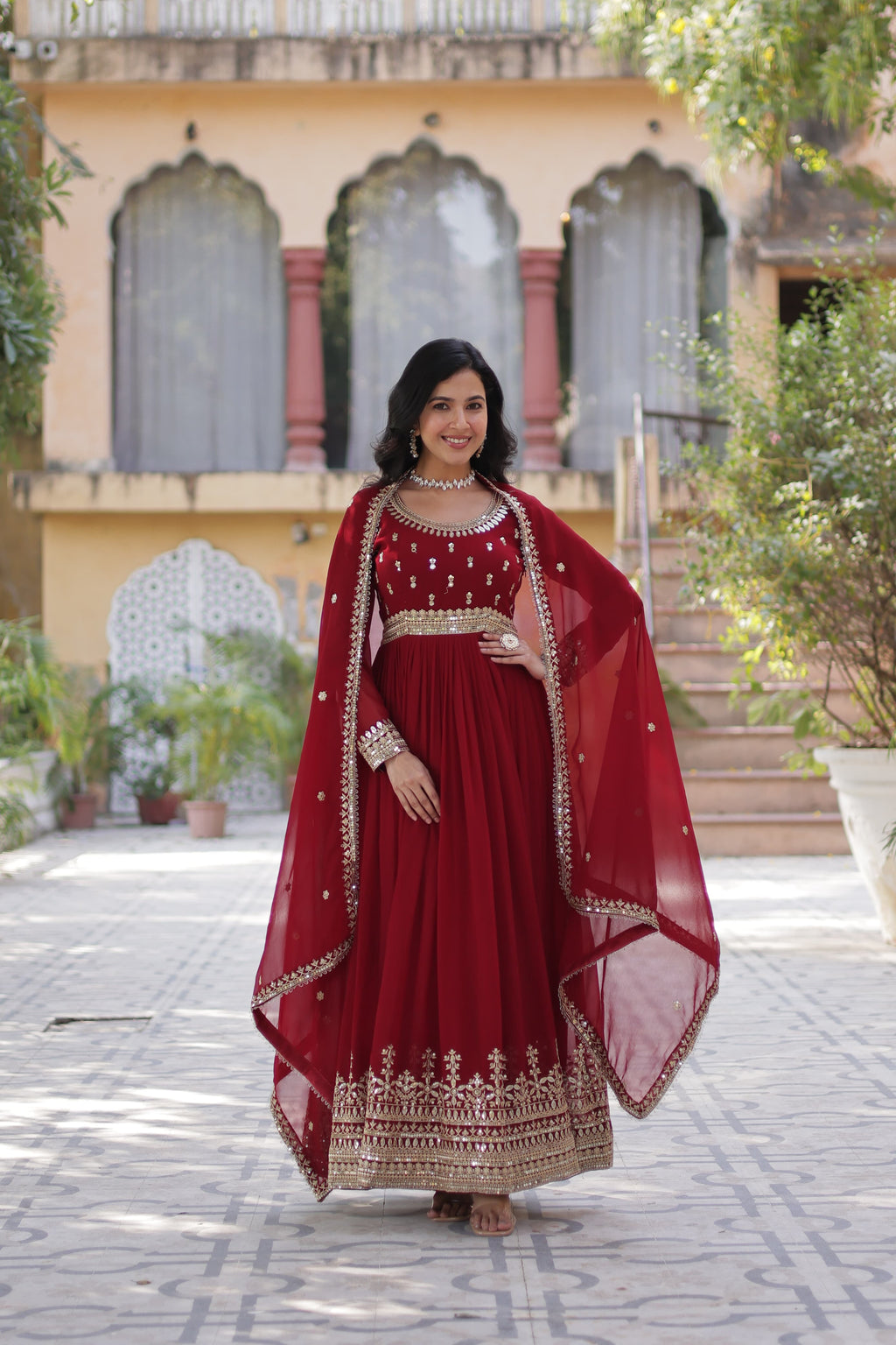 Georgette Ladies Embroidered Long Gown