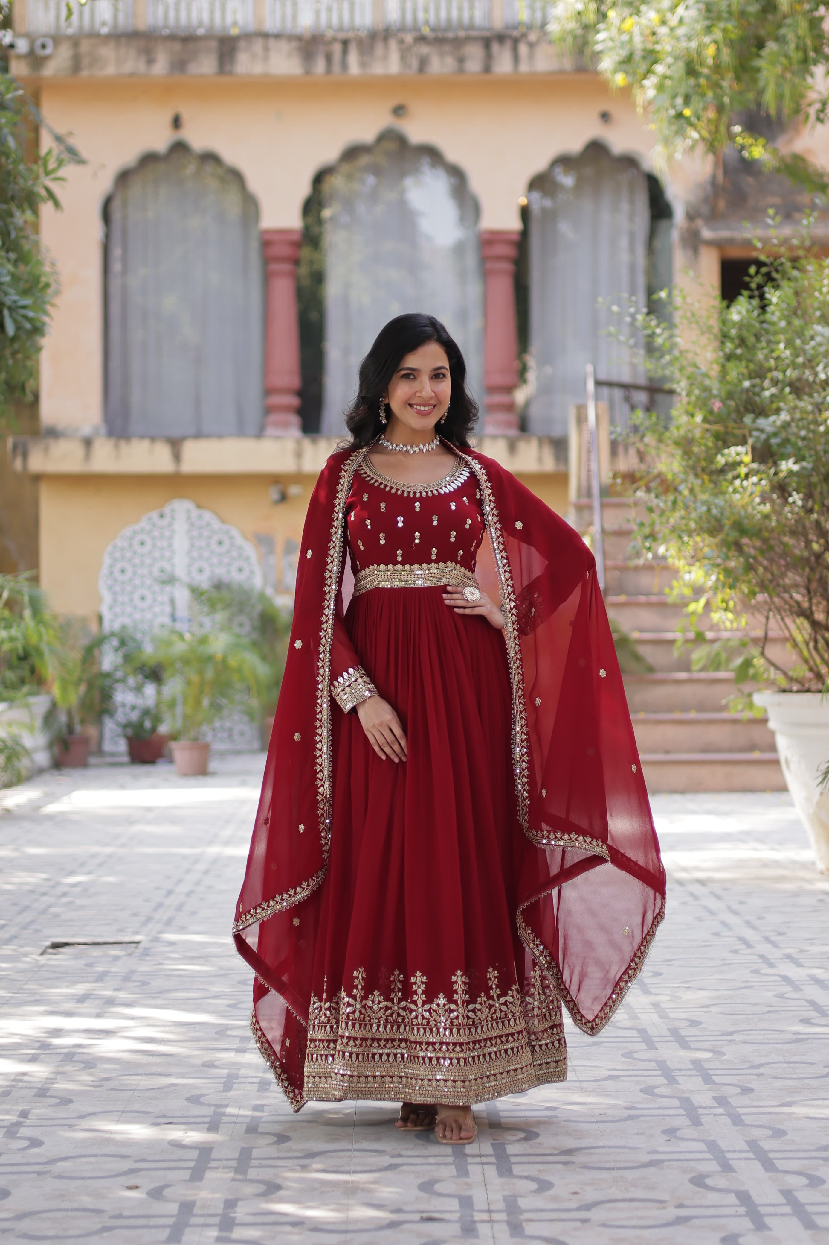 Georgette Ladies Embroidered Long Gown