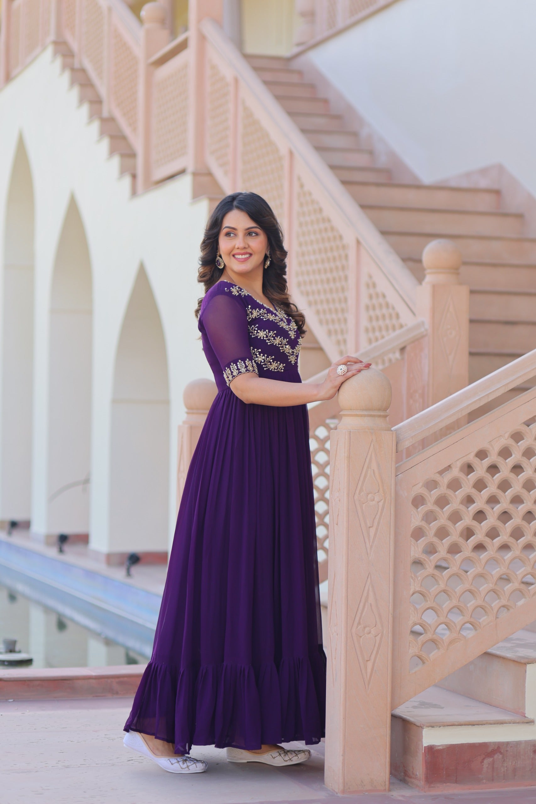 Purple Premium Faux Blooming Frill Gown