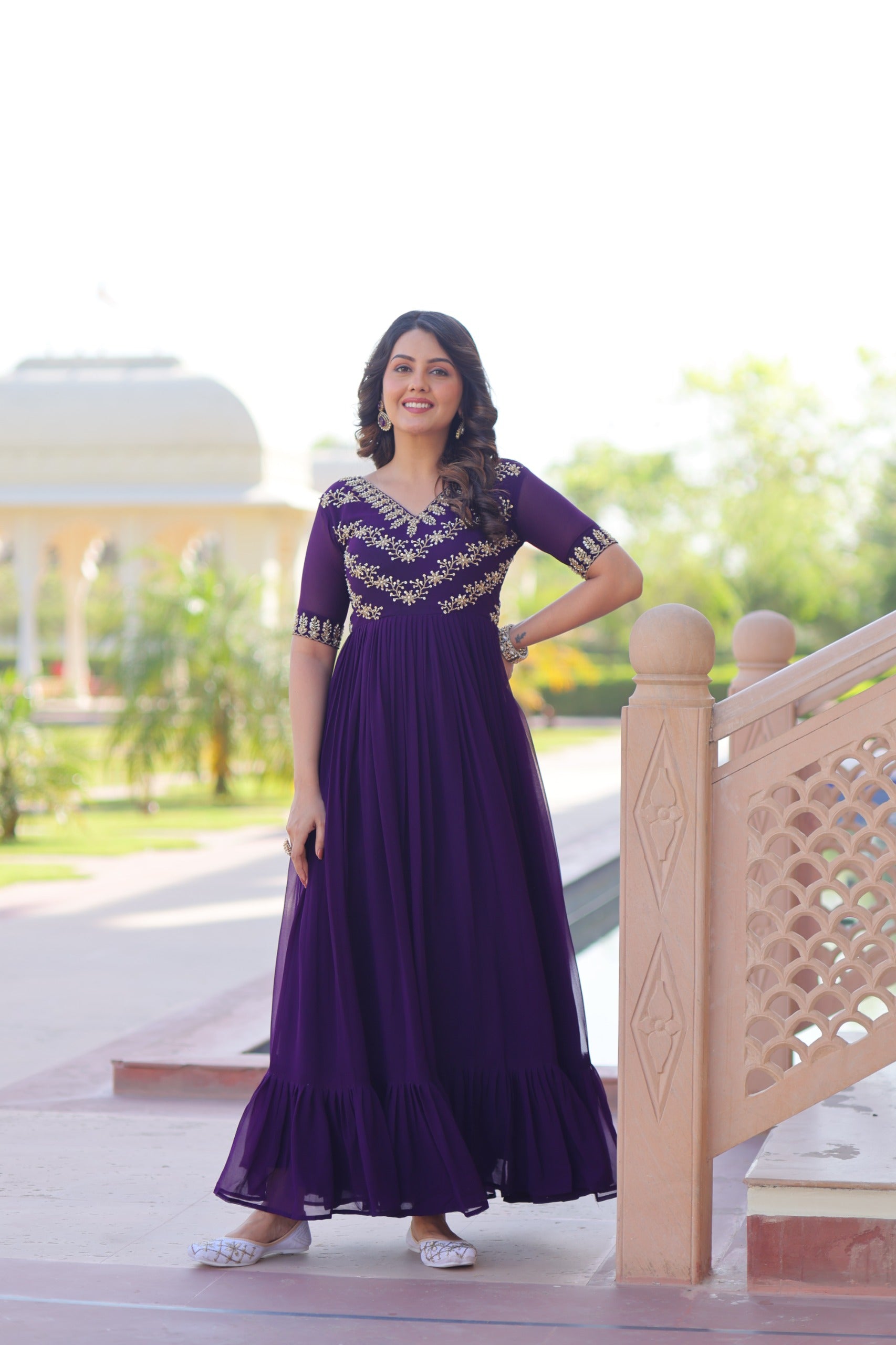 Purple Premium Faux Blooming Frill Gown