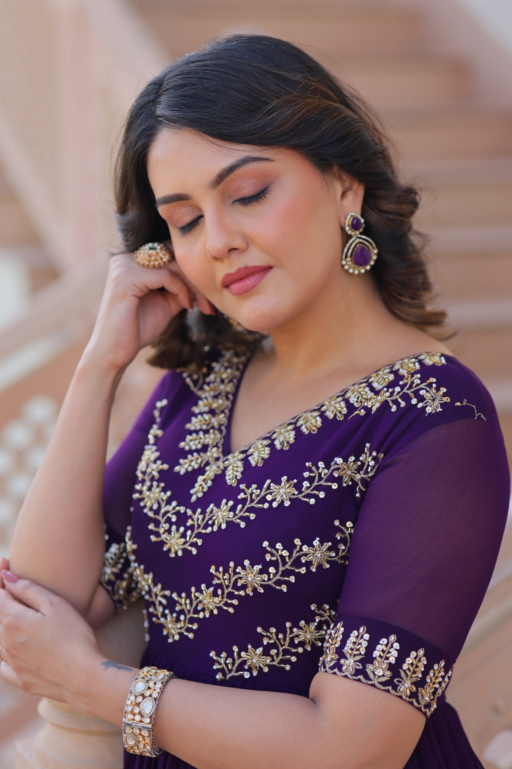 Purple Premium Faux Blooming Frill Gown
