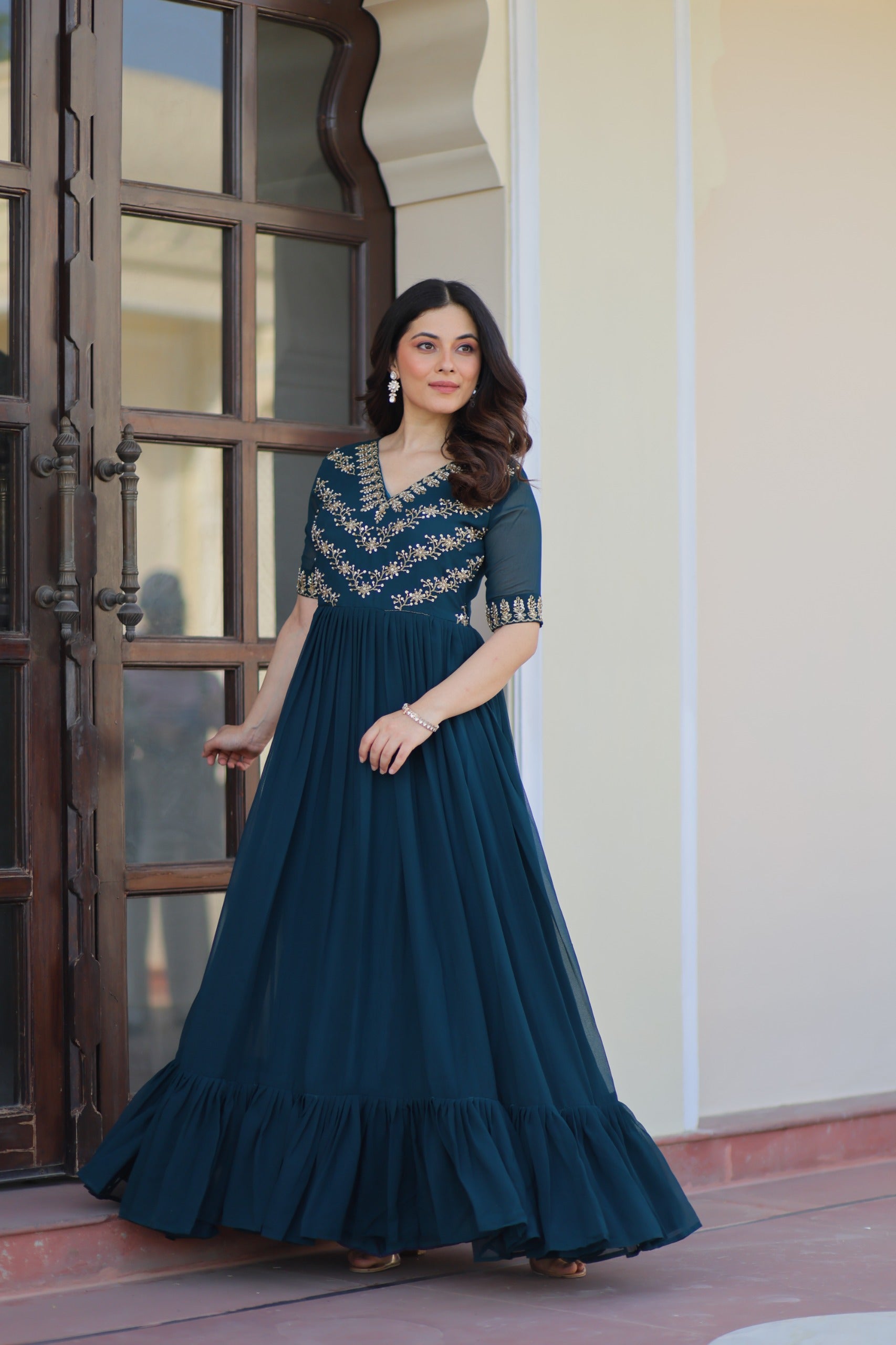 Purple Premium Faux Blooming Frill Gown