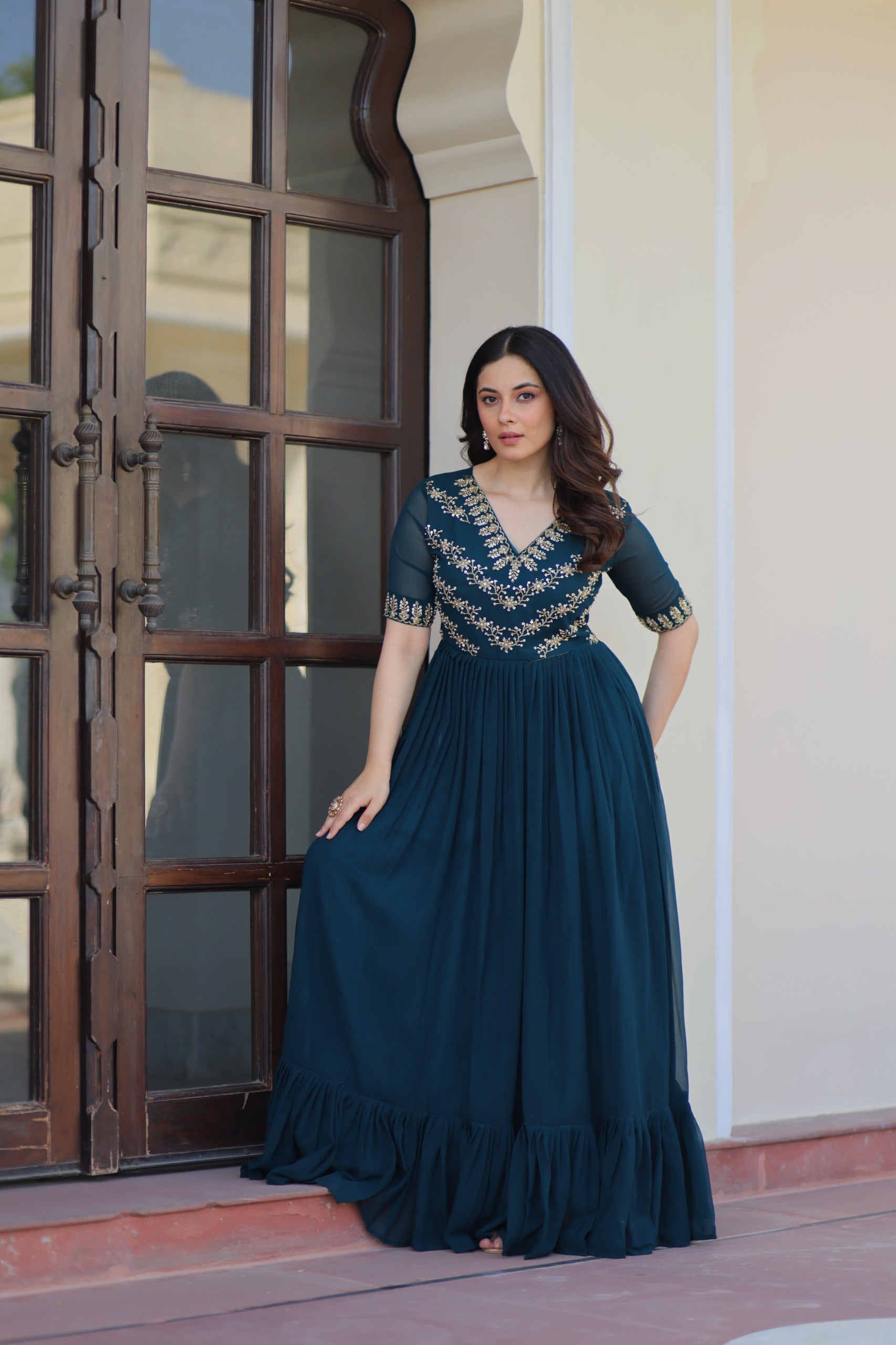Purple Premium Faux Blooming Frill Gown