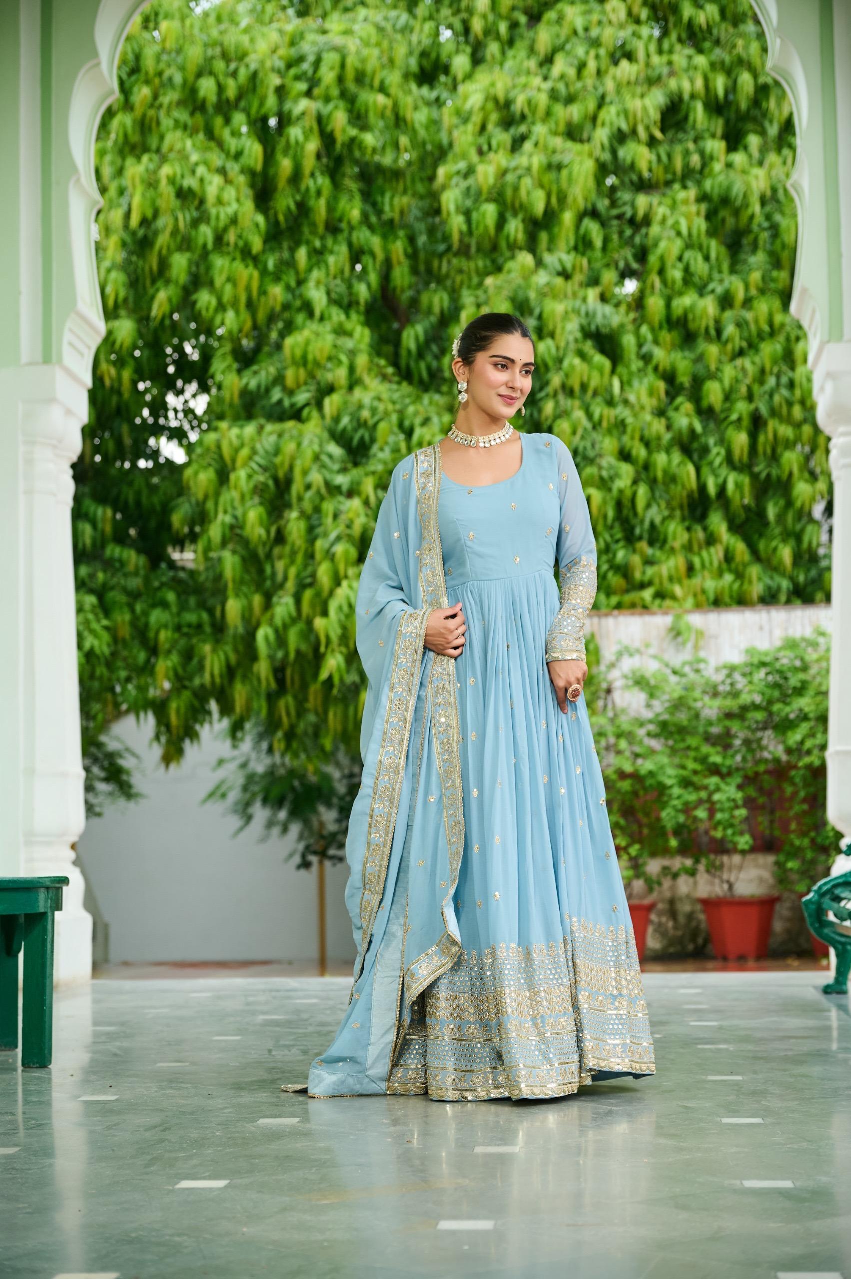 Dusty Faux Georgette Embroidered Gown Set