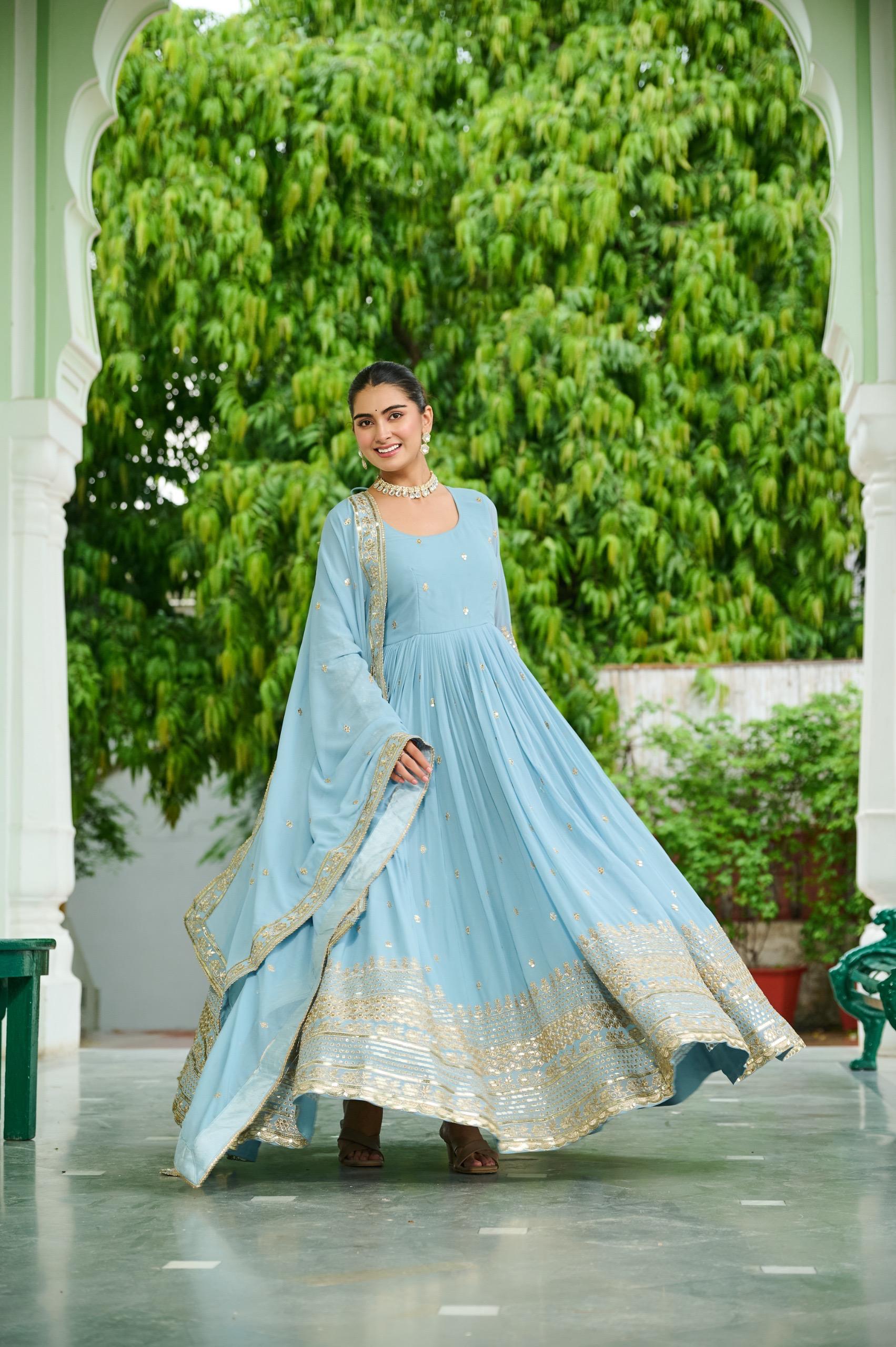Dusty Faux Georgette Embroidered Gown Set