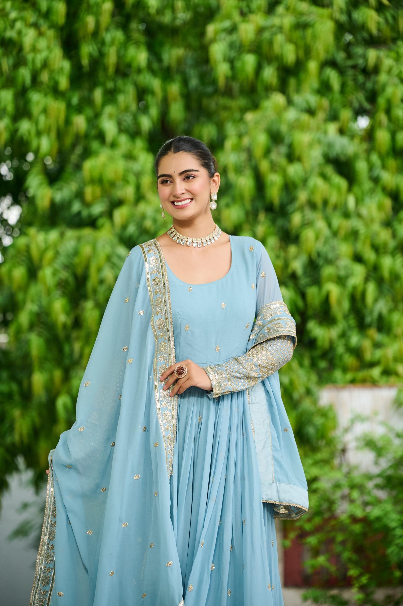Dusty Faux Georgette Embroidered Gown Set