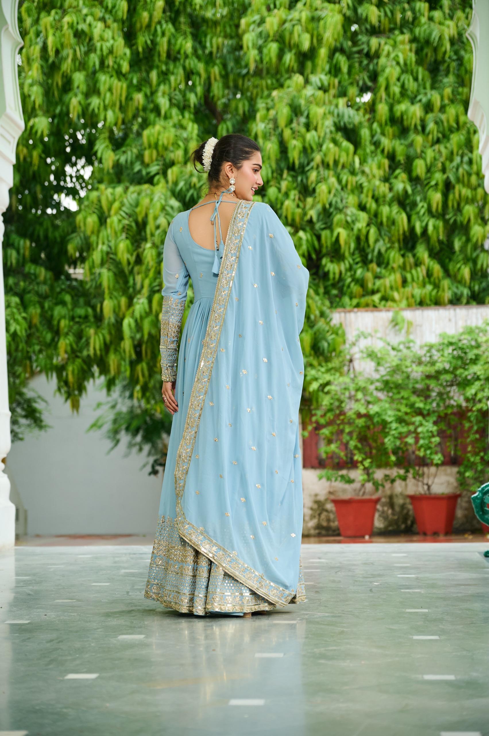 Dusty Faux Georgette Embroidered Gown Set
