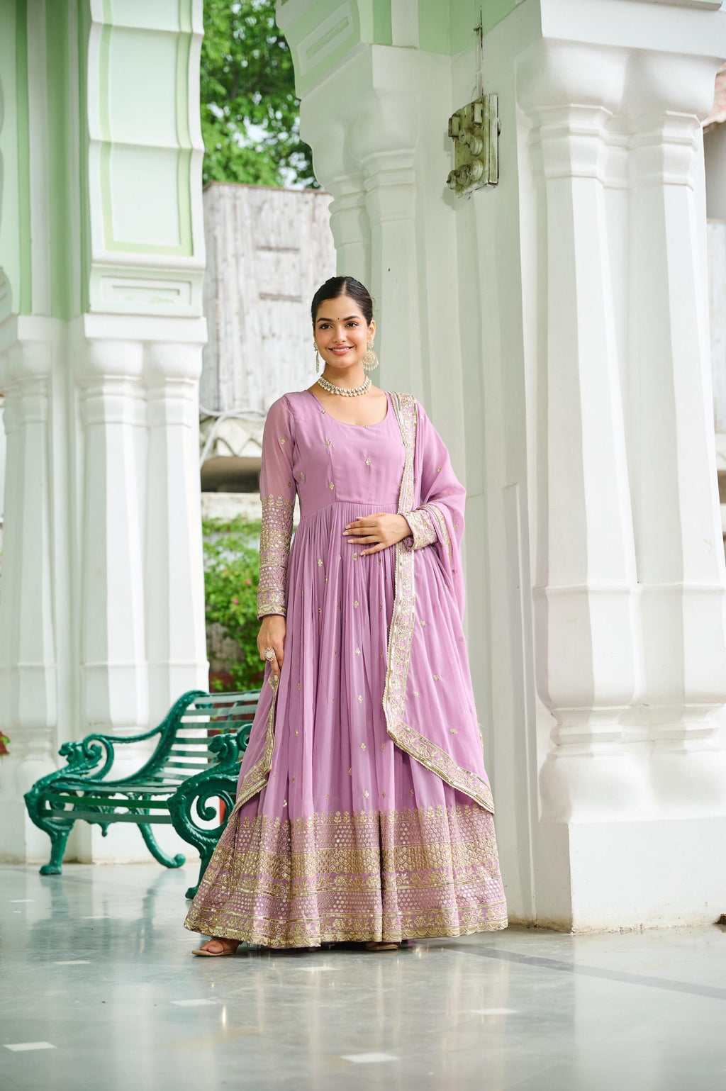 Dusty Faux Georgette Embroidered Gown Set