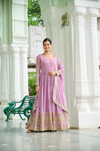 Dusty Faux Georgette Embroidered Gown Set