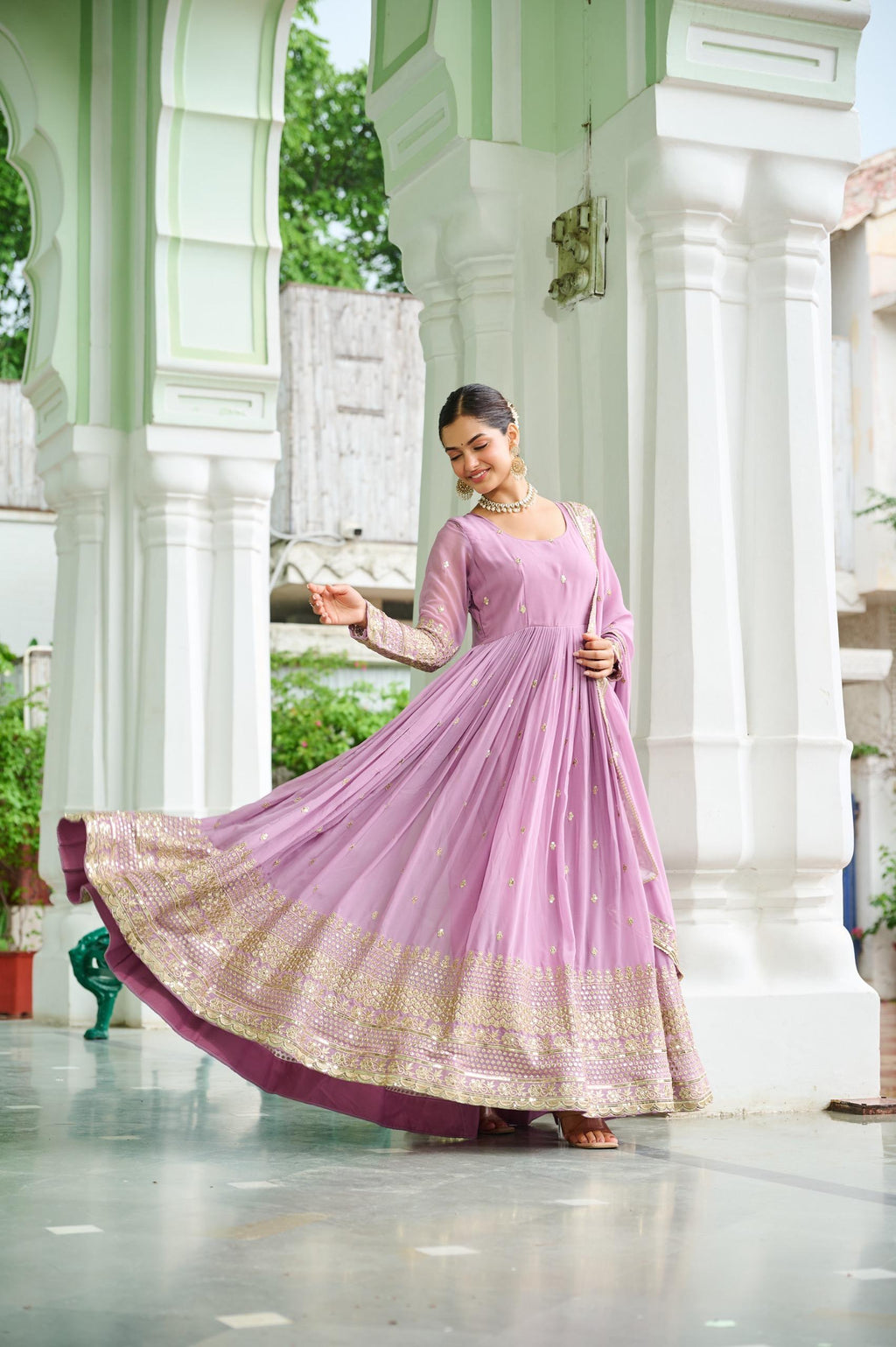 Dusty Faux Georgette Embroidered Gown Set