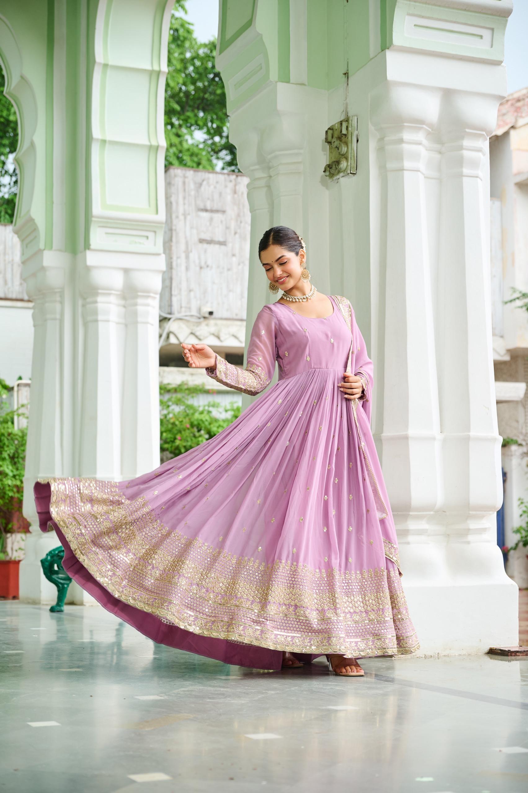 Dusty Faux Georgette Embroidered Gown Set