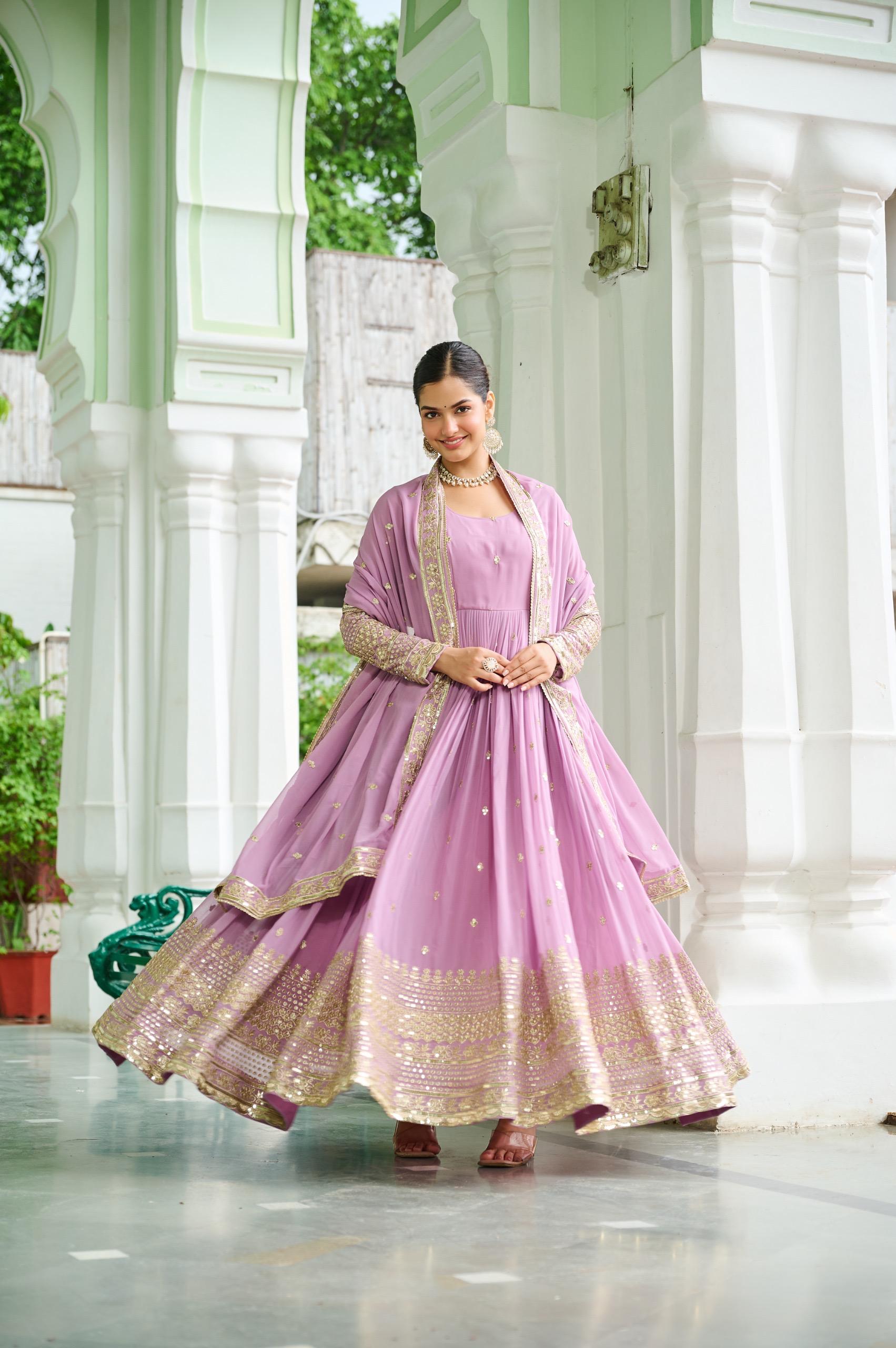 Dusty Faux Georgette Embroidered Gown Set
