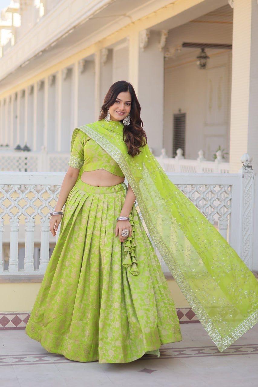 Pure Viscose Jacquard Green Lehenga Choli