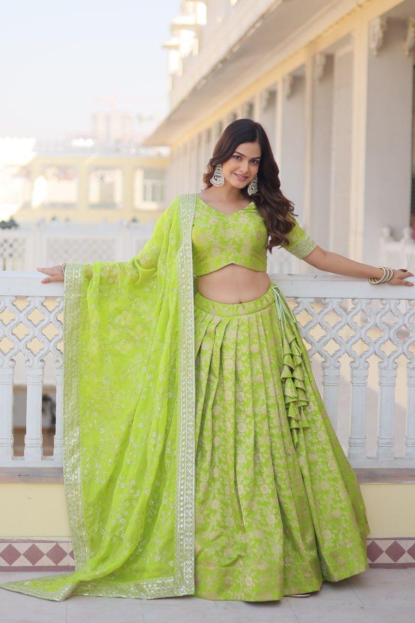 Pure Viscose Jacquard Green Lehenga Choli