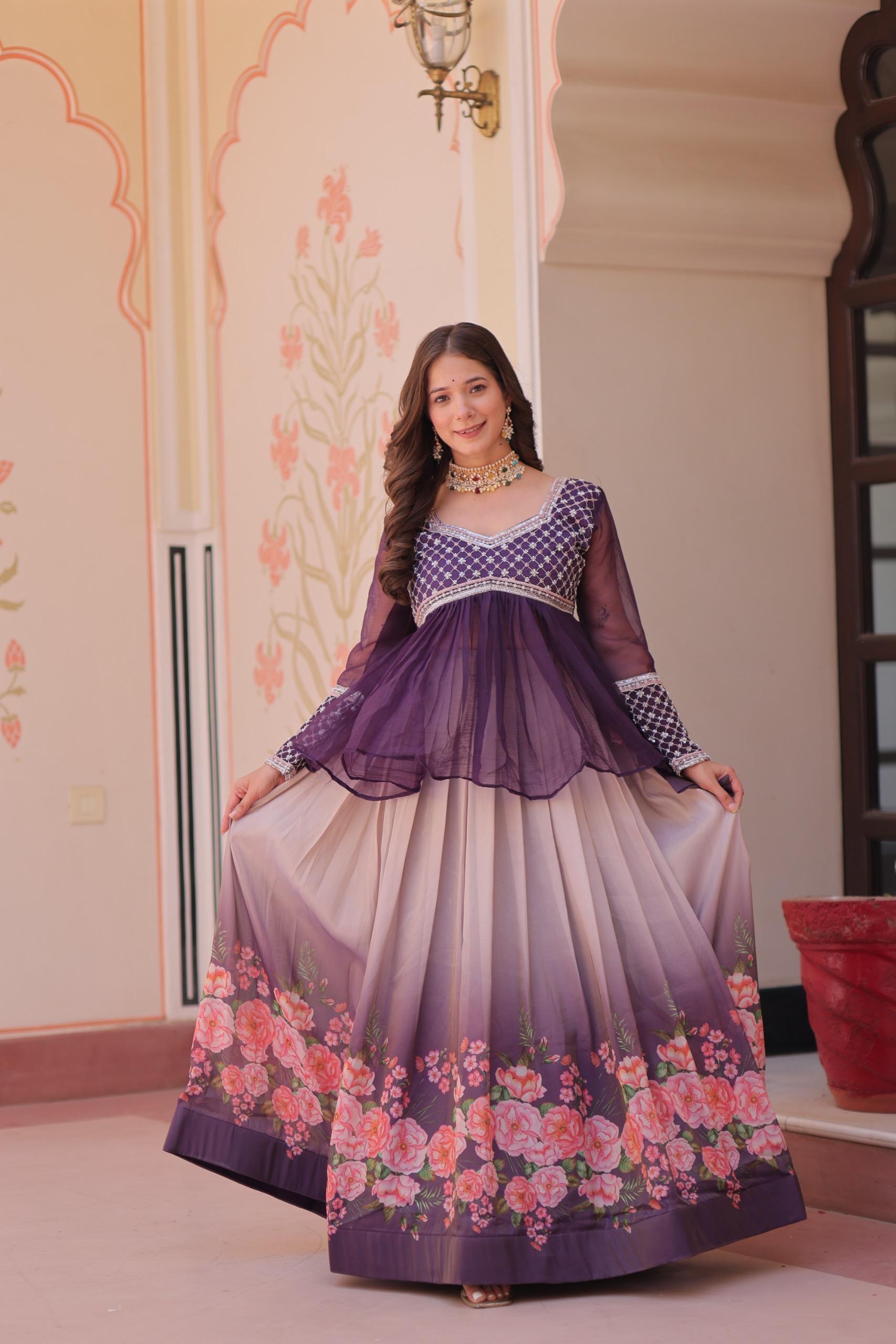 Elegant Floral Cosmos Print Lehenga Set with Embroidered Peplum Top