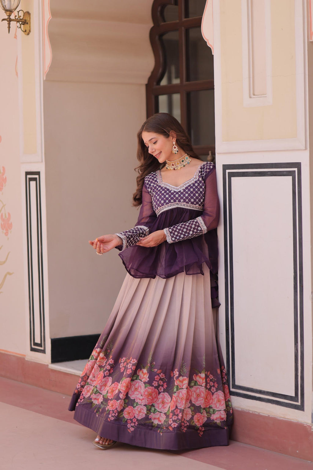 Elegant Floral Cosmos Print Lehenga Set with Embroidered Peplum Top