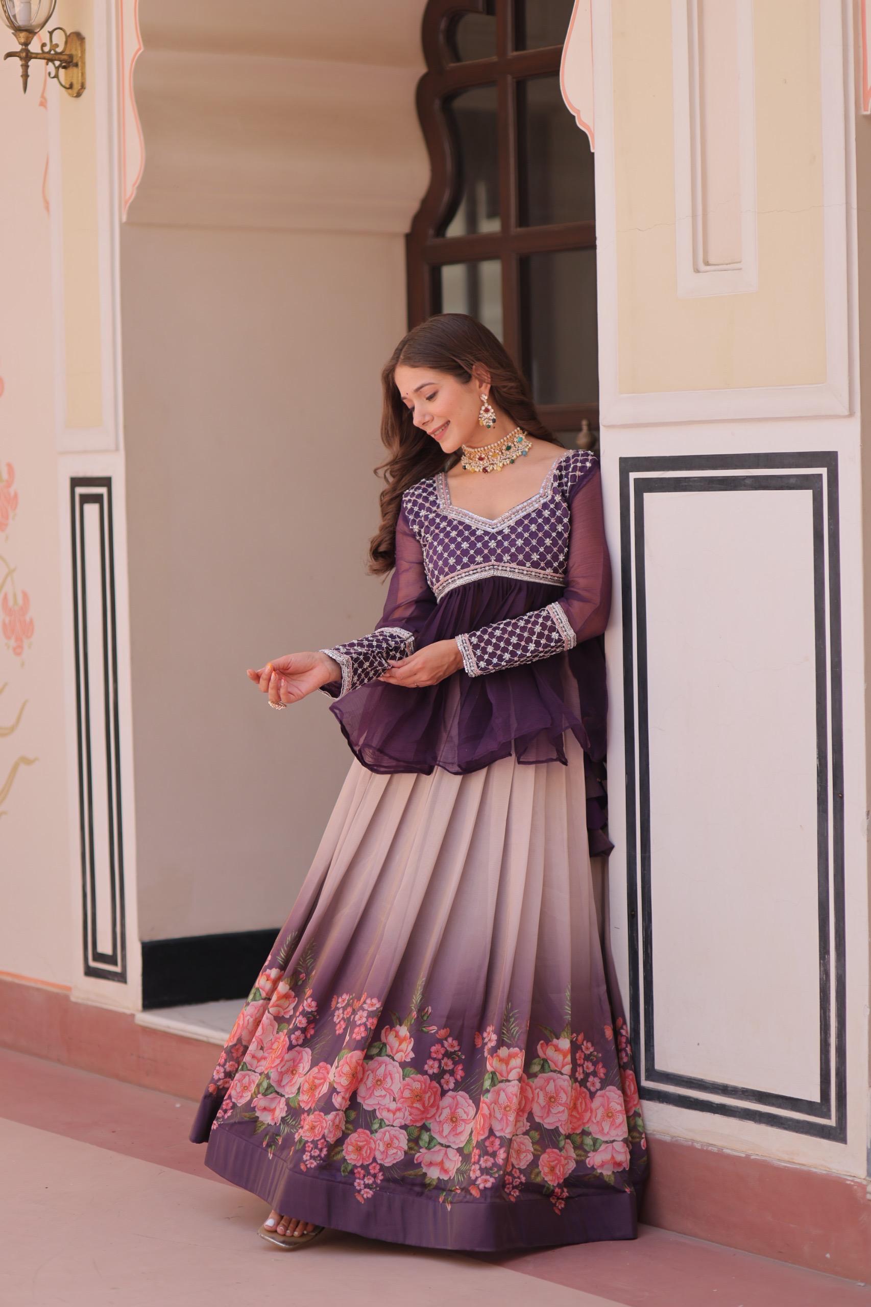 Elegant Floral Cosmos Print Lehenga Set with Embroidered Peplum Top