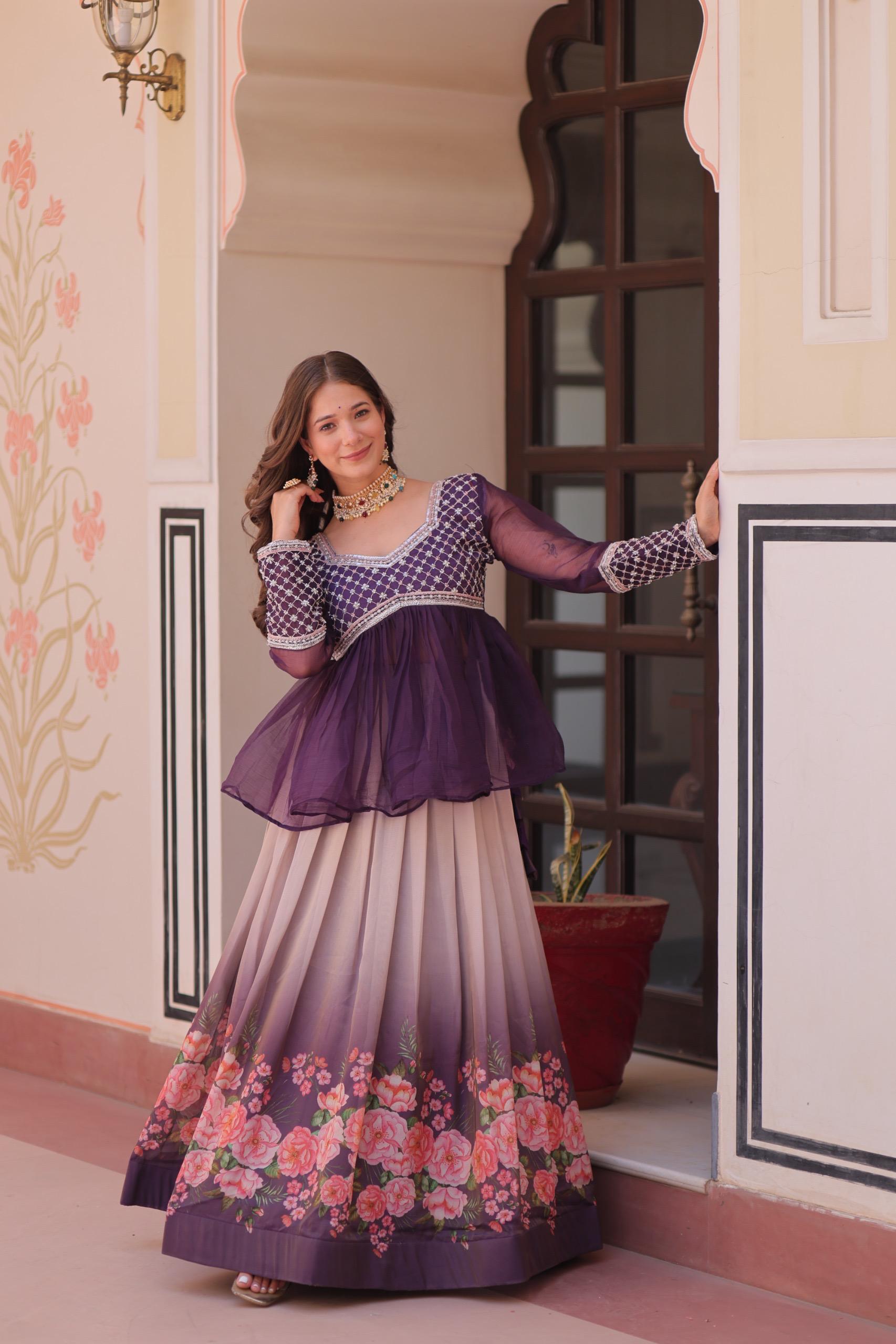 Elegant Floral Cosmos Print Lehenga Set with Embroidered Peplum Top