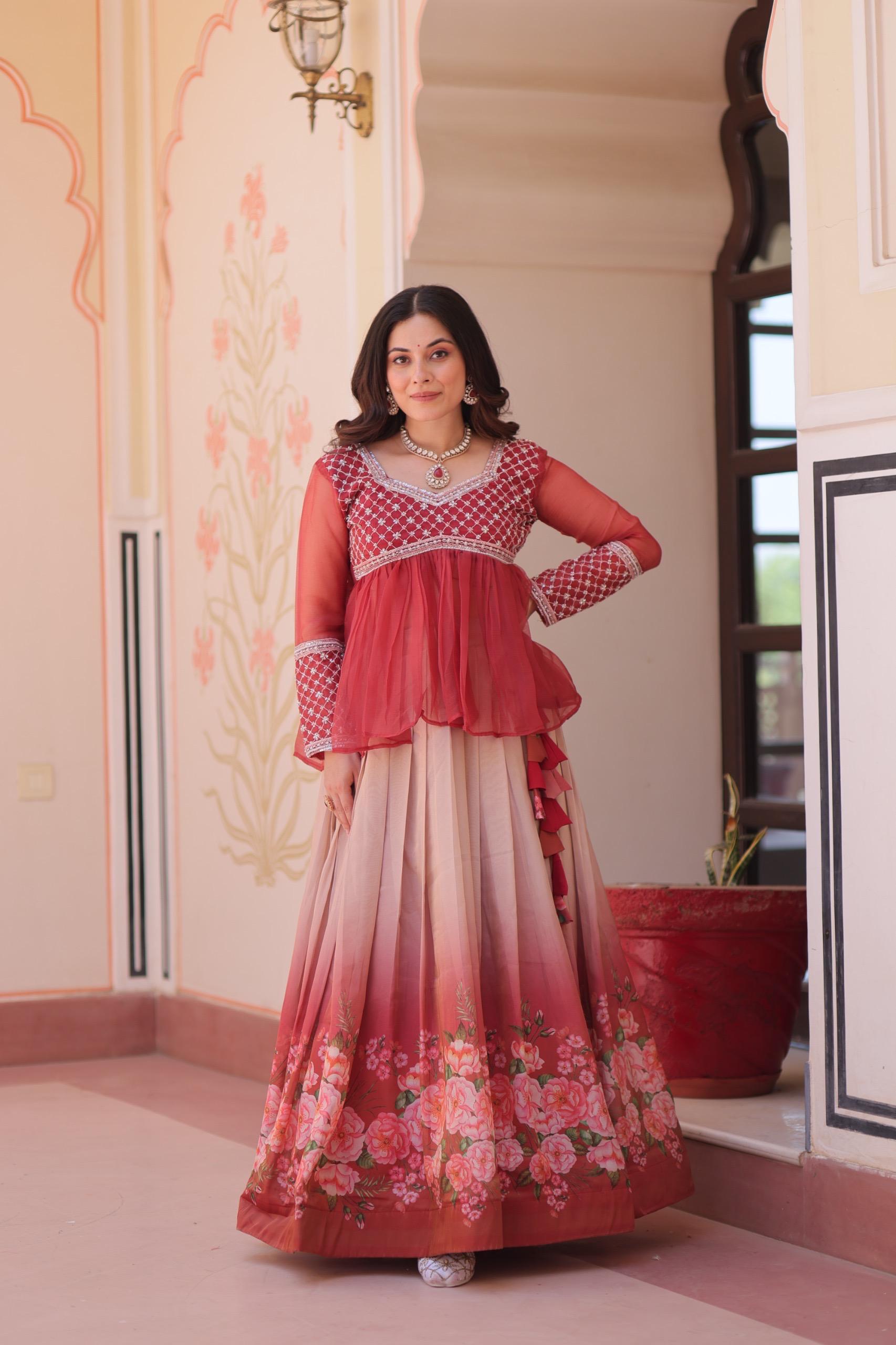 Elegant Floral Cosmos Print Lehenga Set with Embroidered Peplum Top
