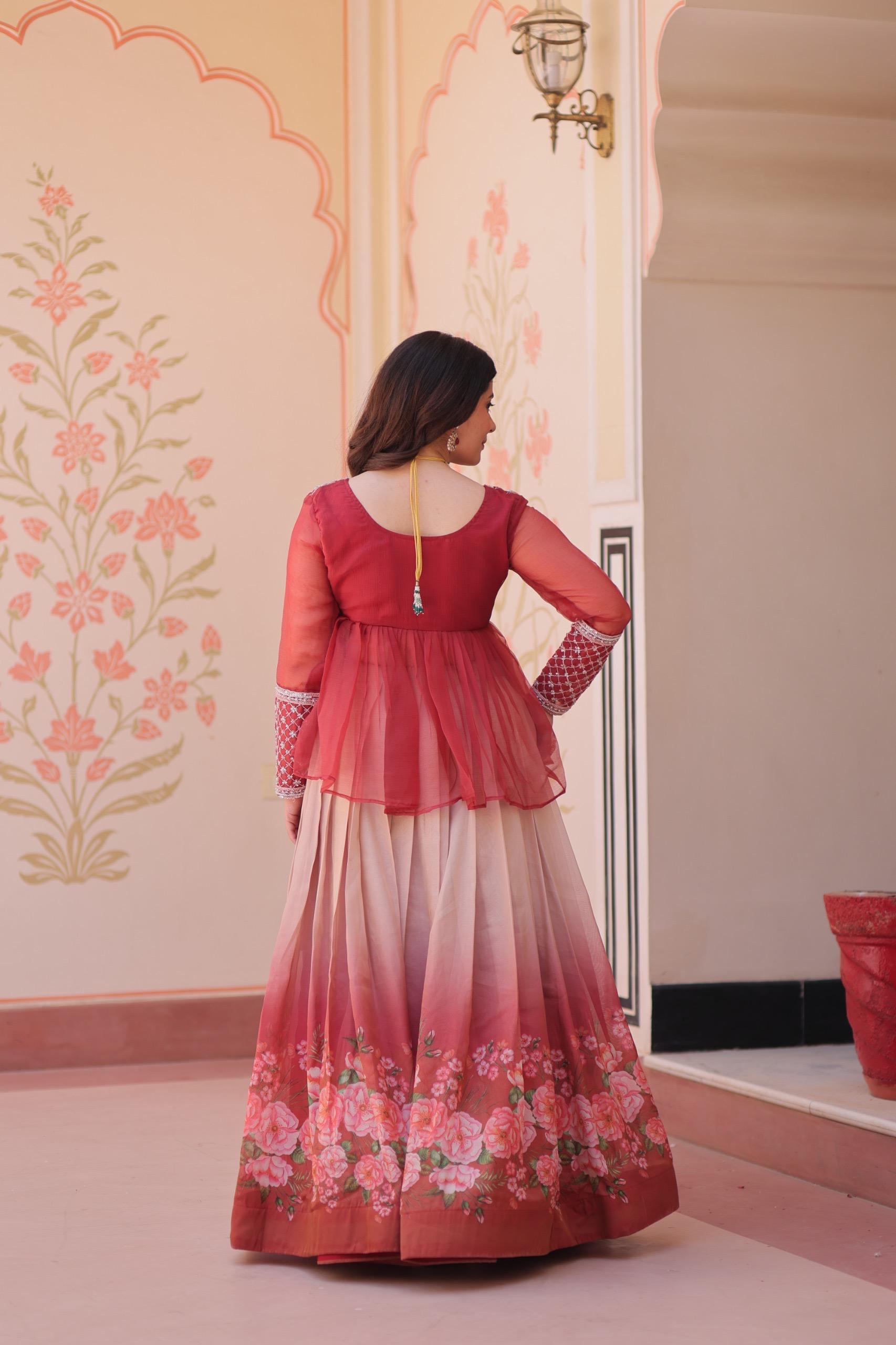 Elegant Floral Cosmos Print Lehenga Set with Embroidered Peplum Top