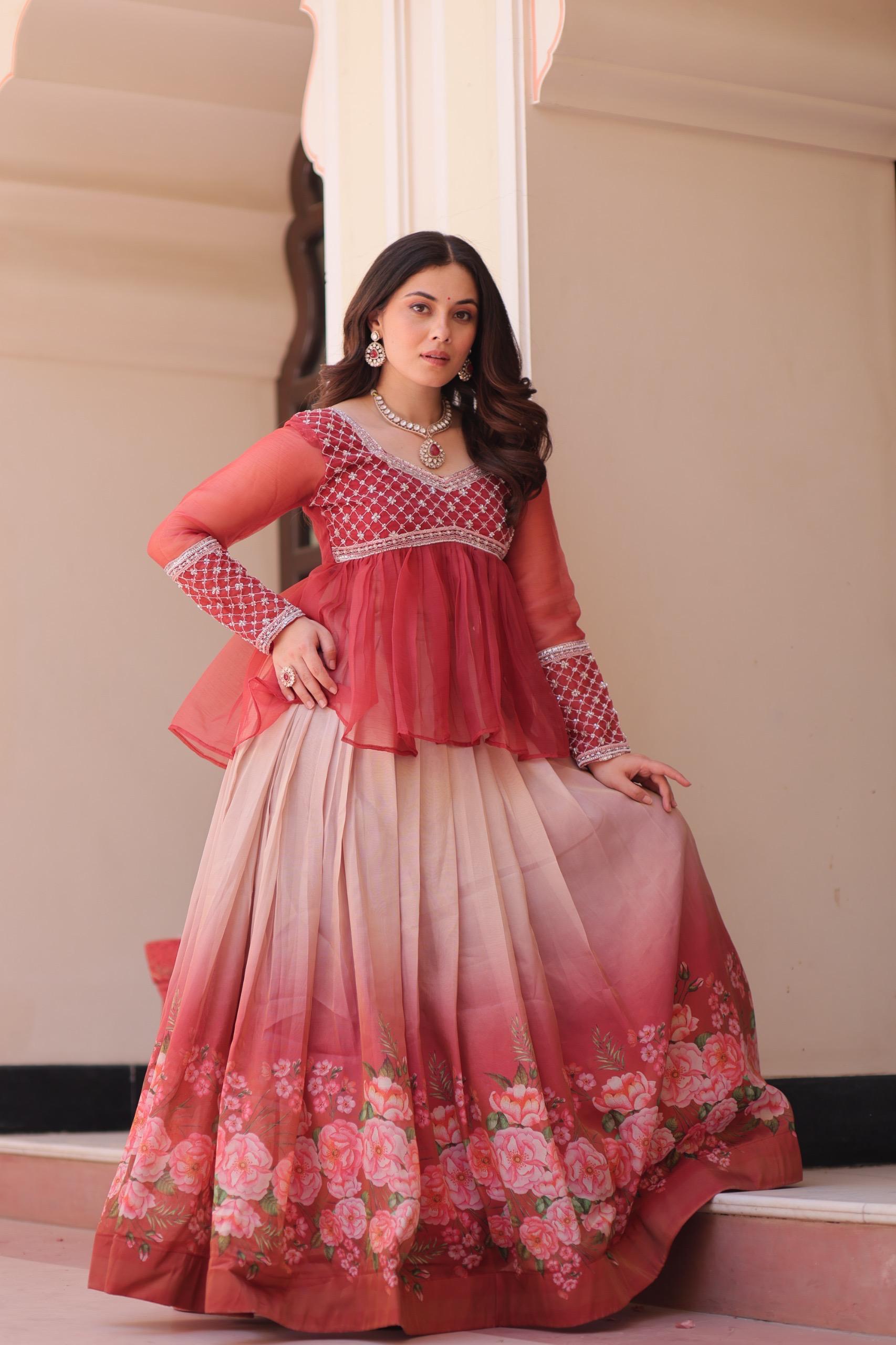 Elegant Floral Cosmos Print Lehenga Set with Embroidered Peplum Top