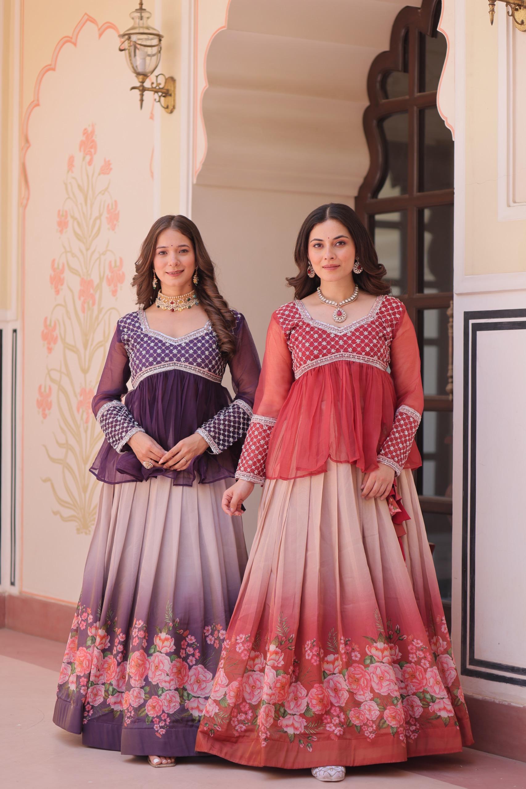 Elegant Floral Cosmos Print Lehenga Set with Embroidered Peplum Top