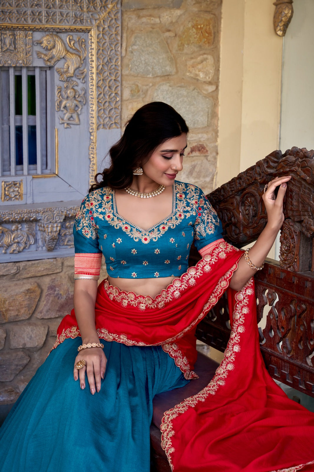 Vichitra Silk Embroidered Lehenga Set