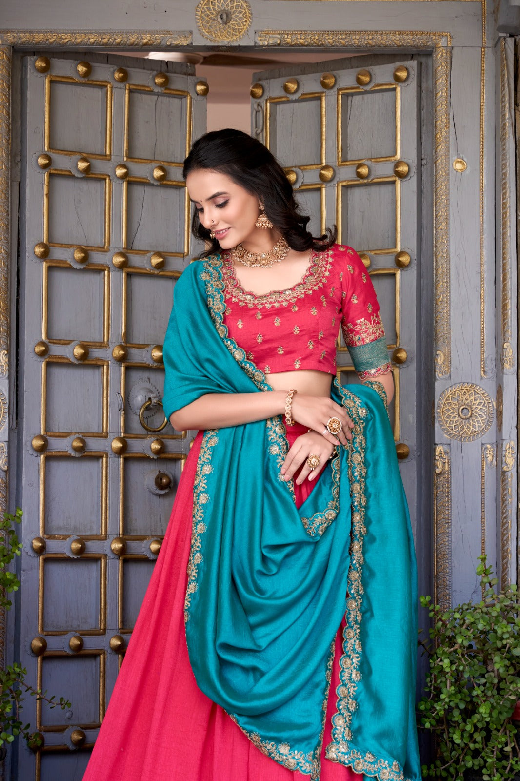 Vichitra Silk Embroidered Lehenga Set