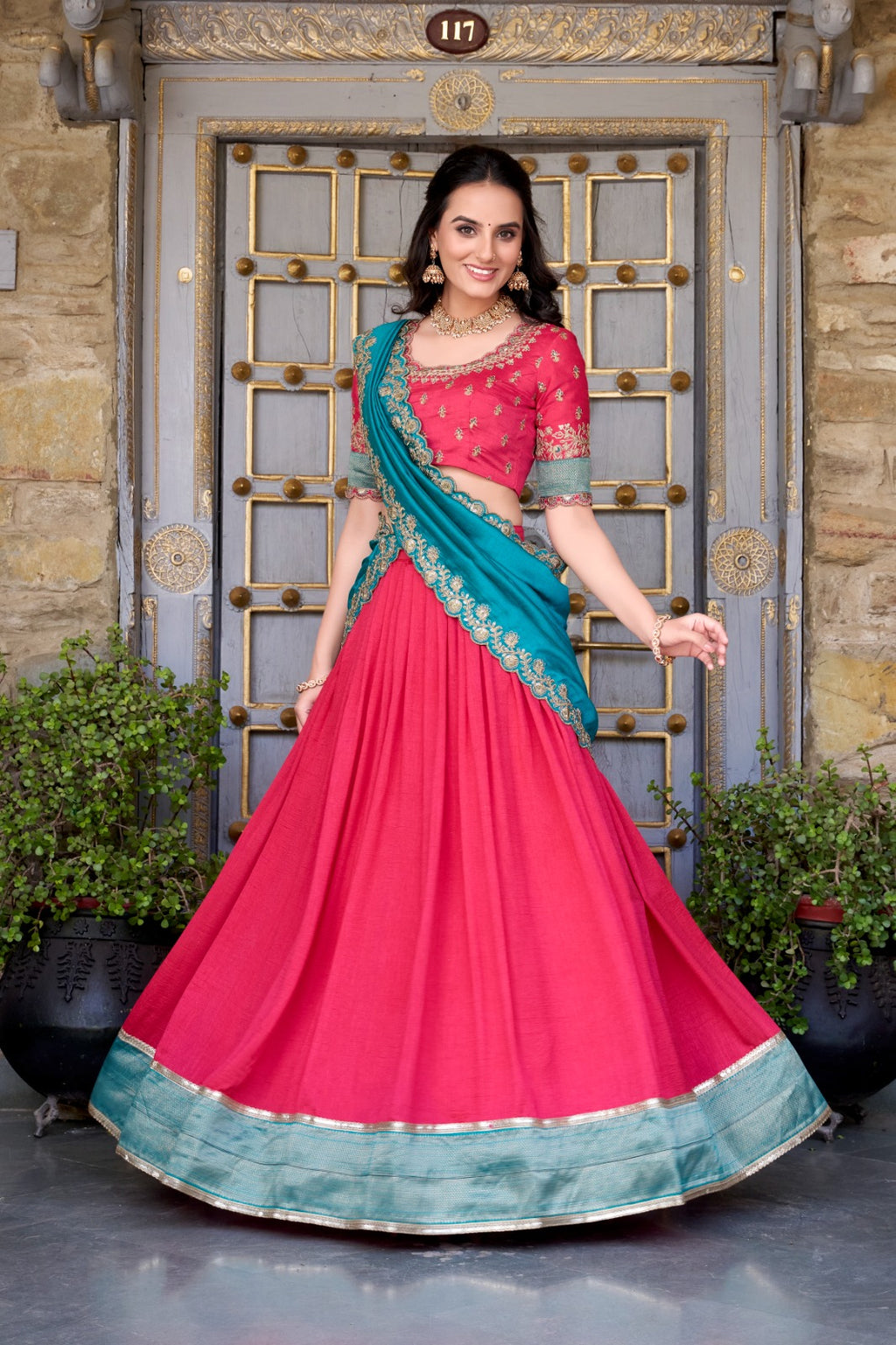 Vichitra Silk Embroidered Lehenga Set
