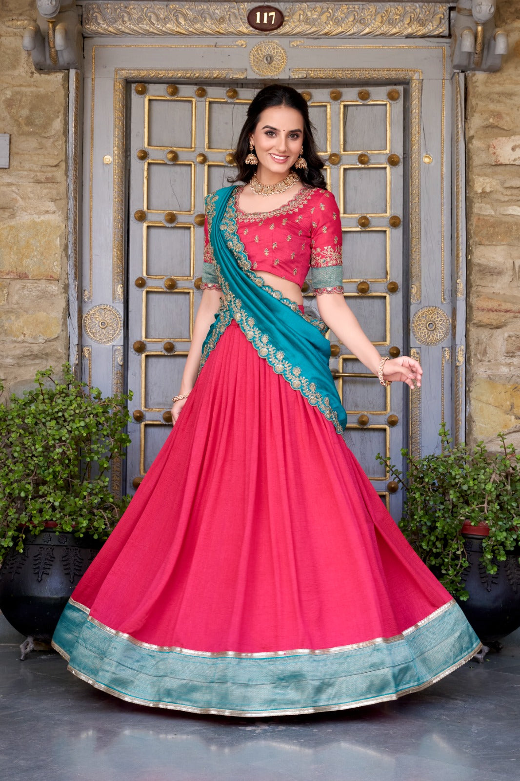 Vichitra Silk Embroidered Lehenga Set
