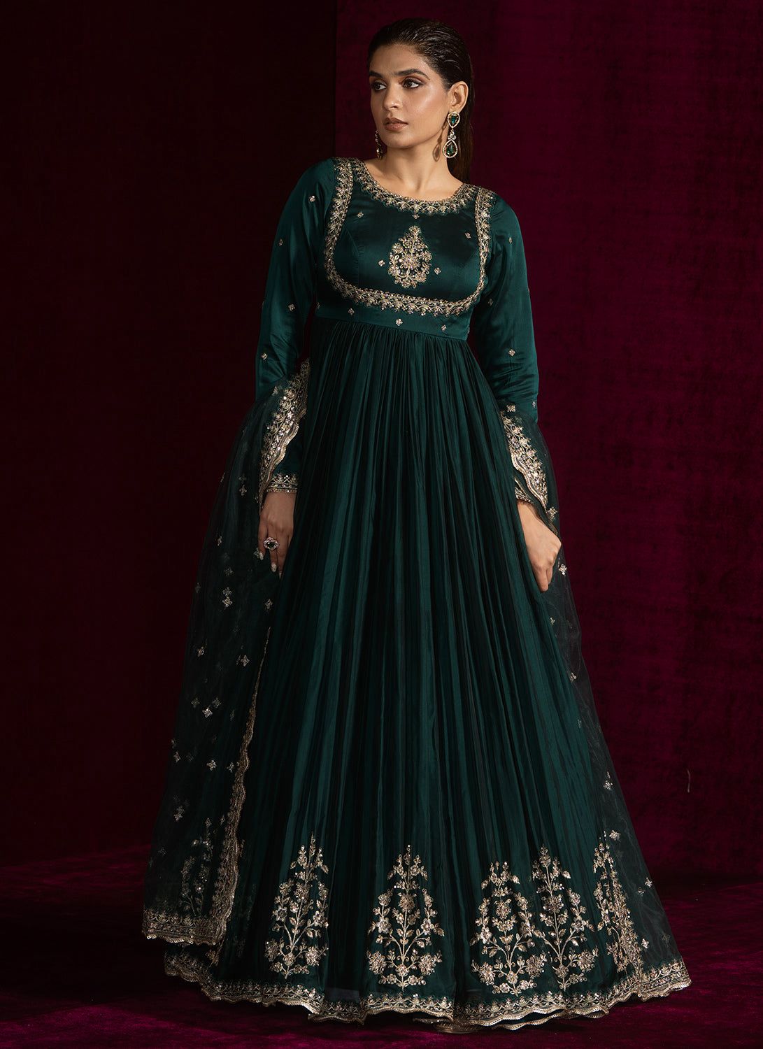 Green Anarkali Set with Pants and Dupatta